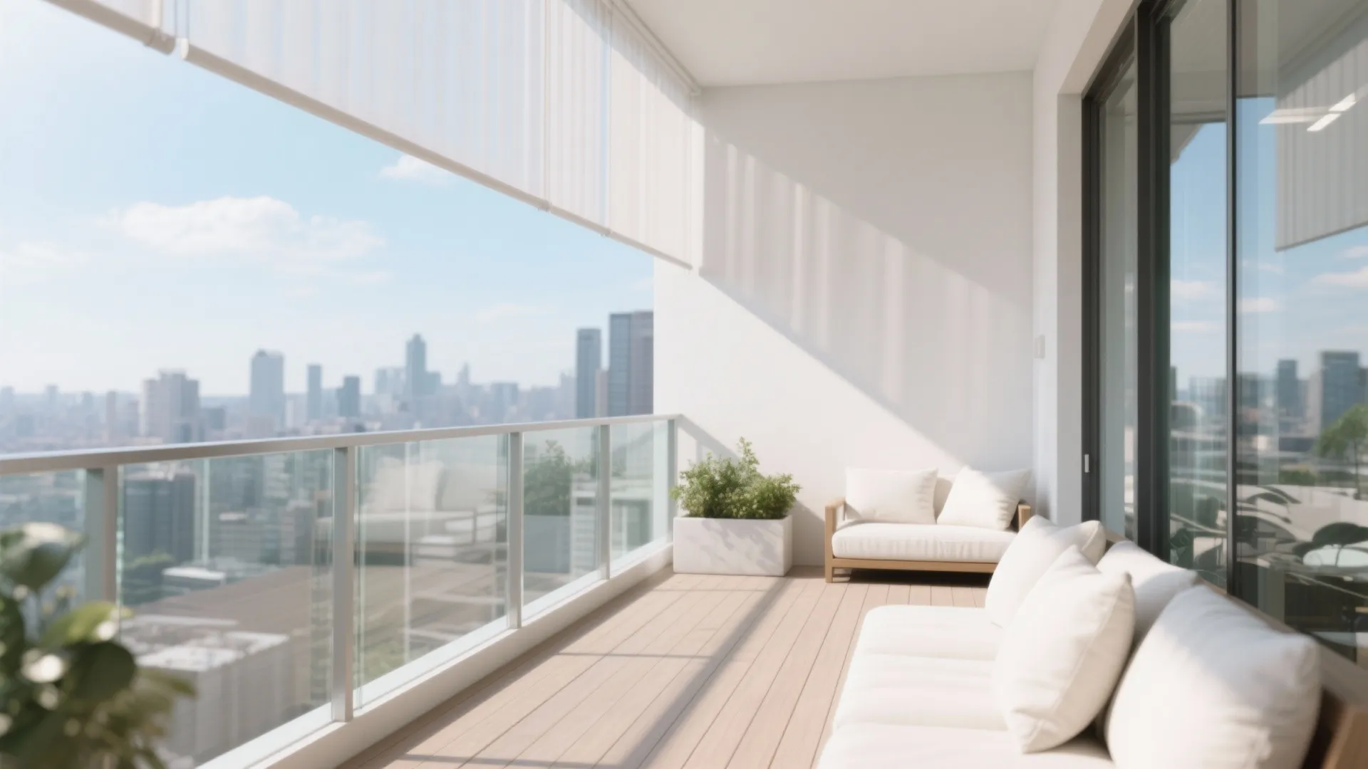 Spacious modern balcony with white sofa wood floor glass railing and city view with bright sunlight