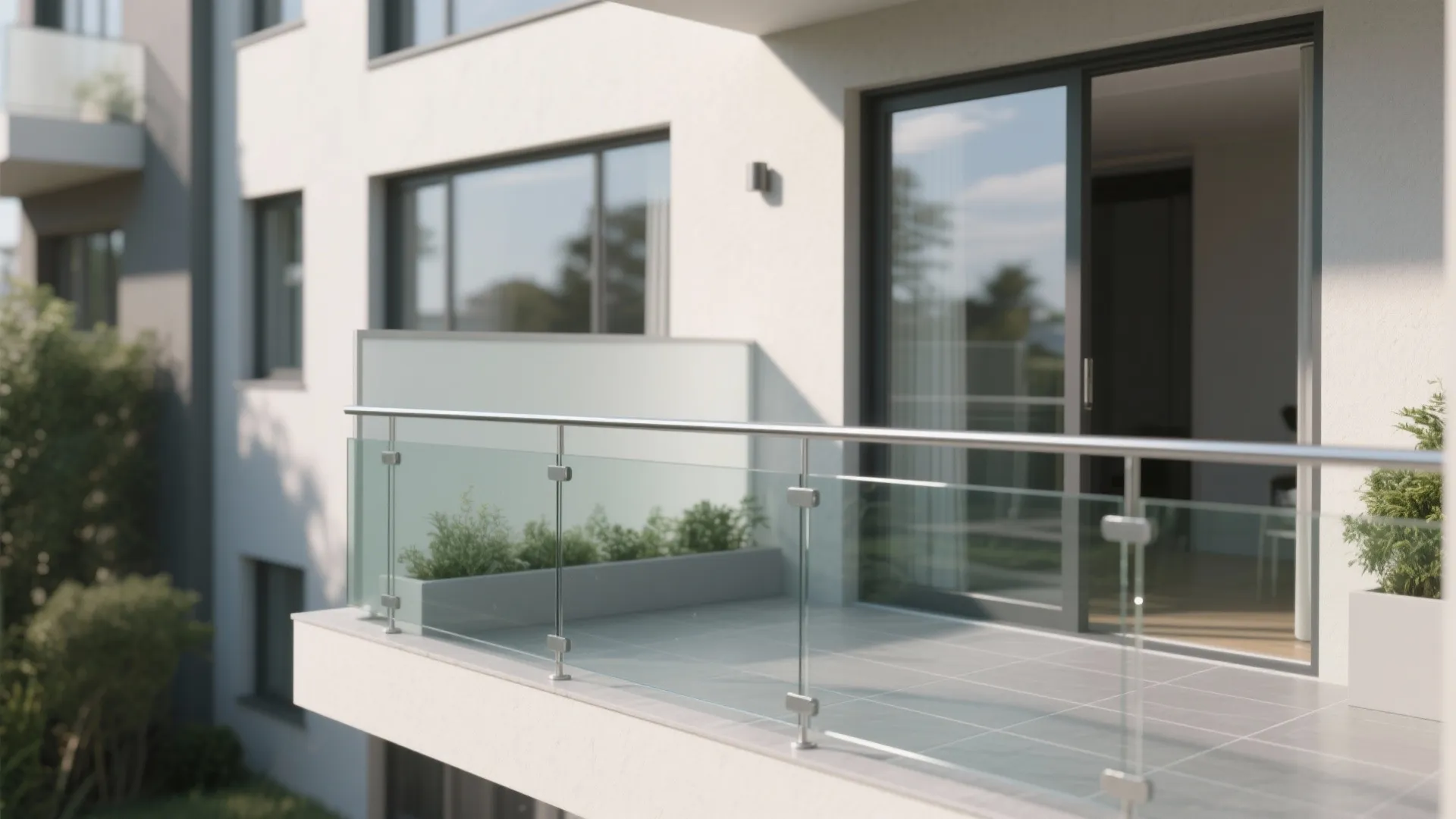 Modern apartment balcony with clear glass railing grey floor tiles and sliding glass patio doors