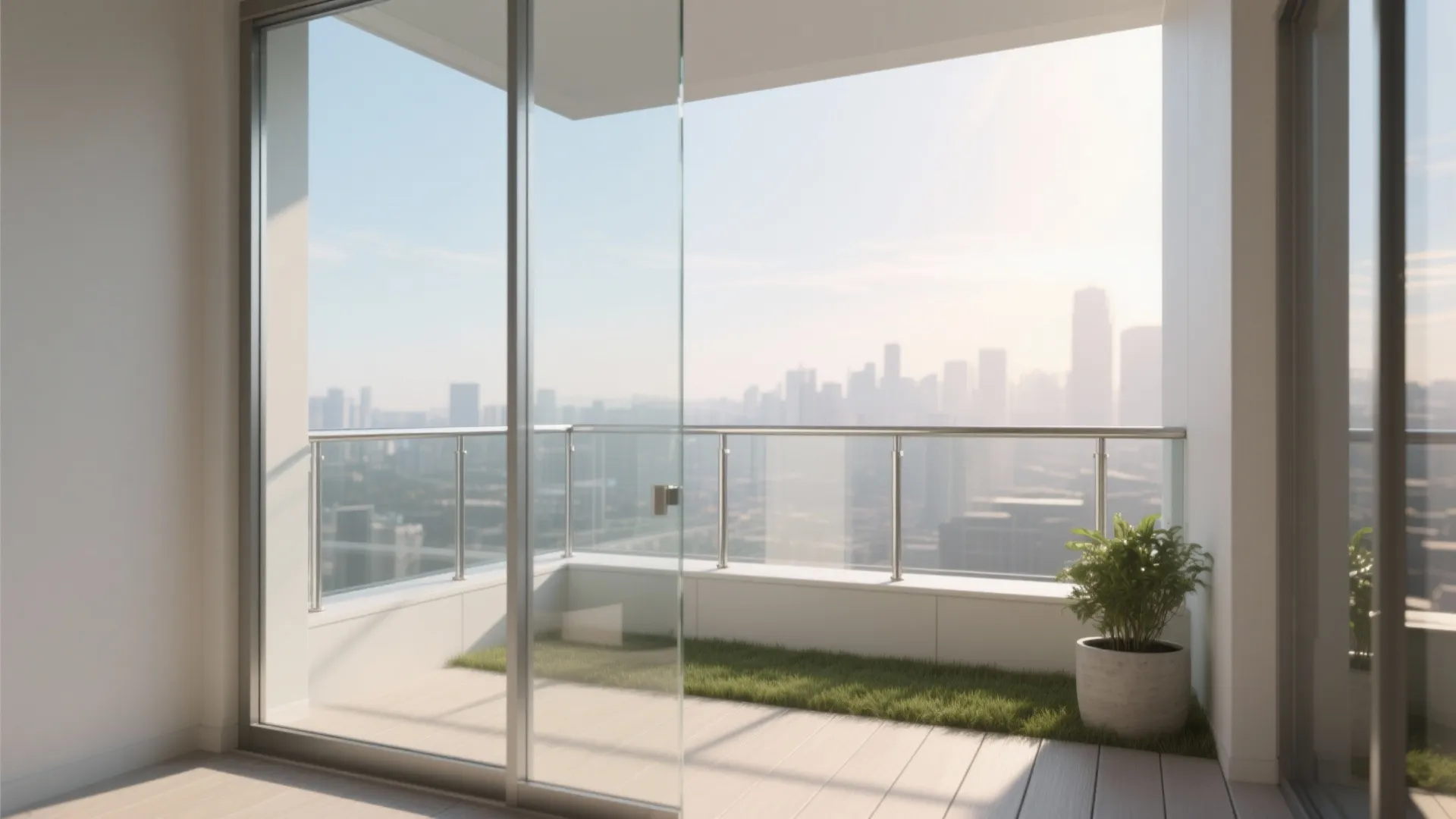 Balcony with glass railings overlooking a city skyline featuring wooden floors and a small plant