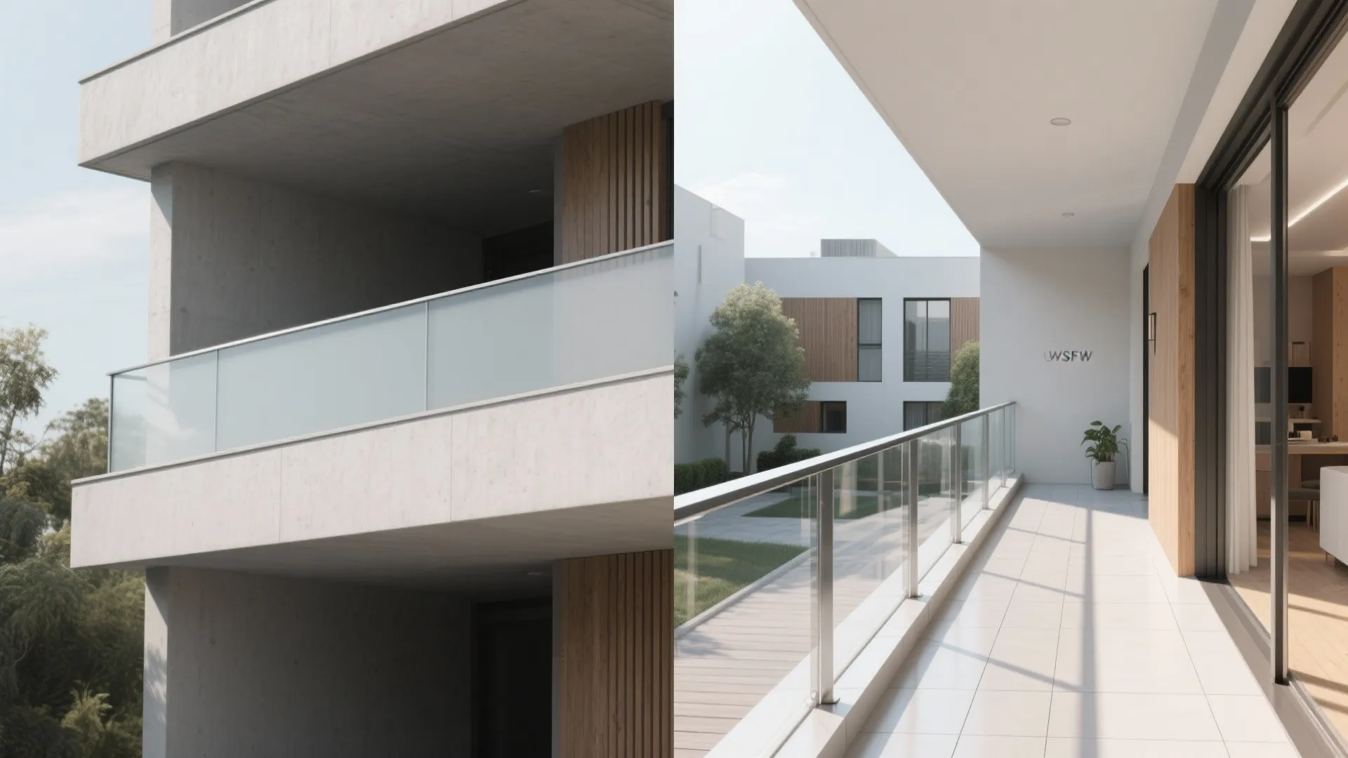 Comparison of exterior building concrete balcony and interior view of long terrace with glass railing