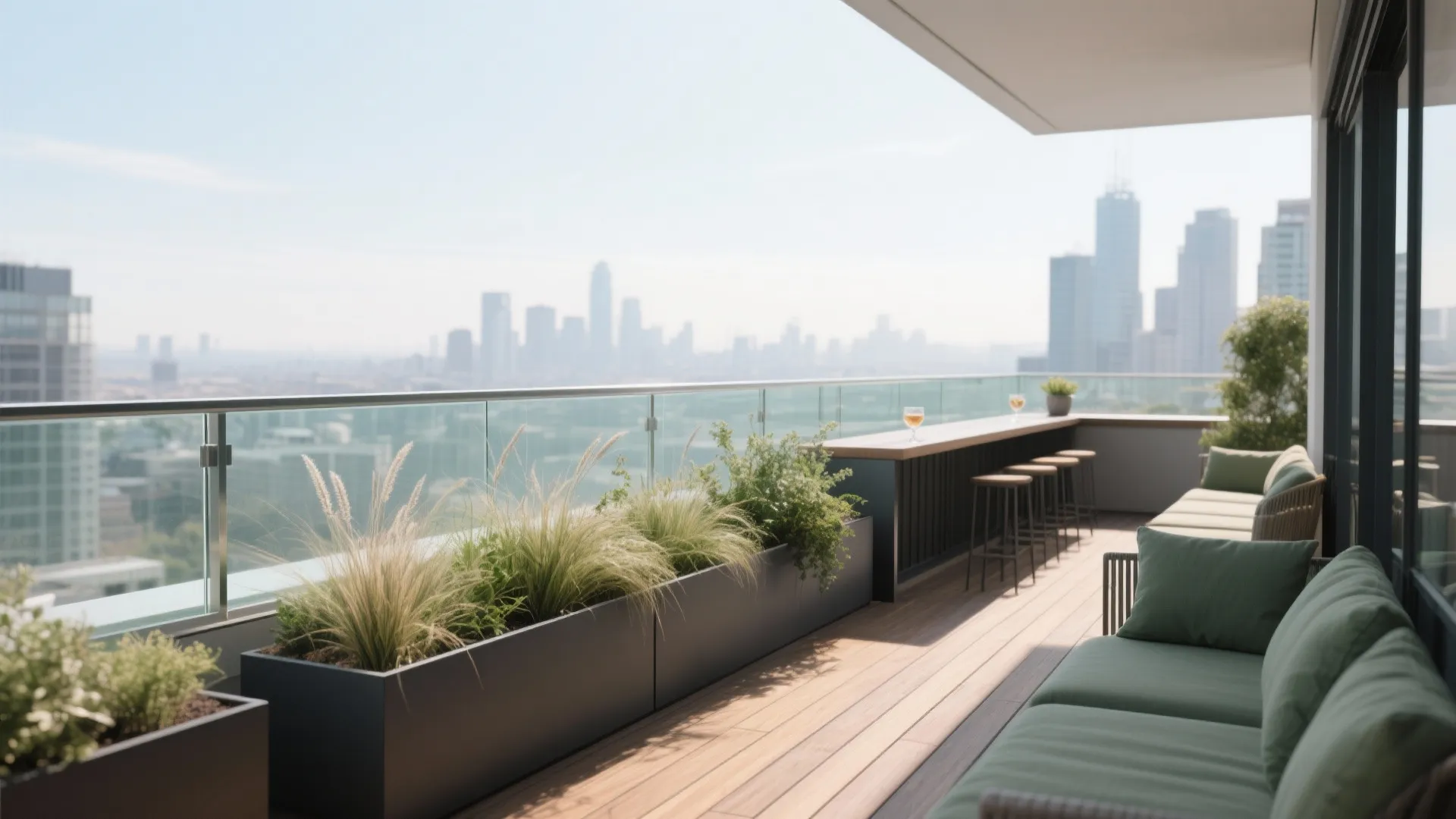 2) Openness meets safety: glass balustrades + wind planting