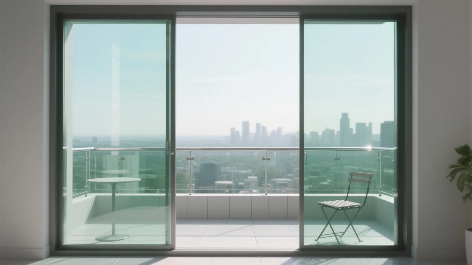 Open sliding glass doors leading to a bright balcony with a simple table and chair