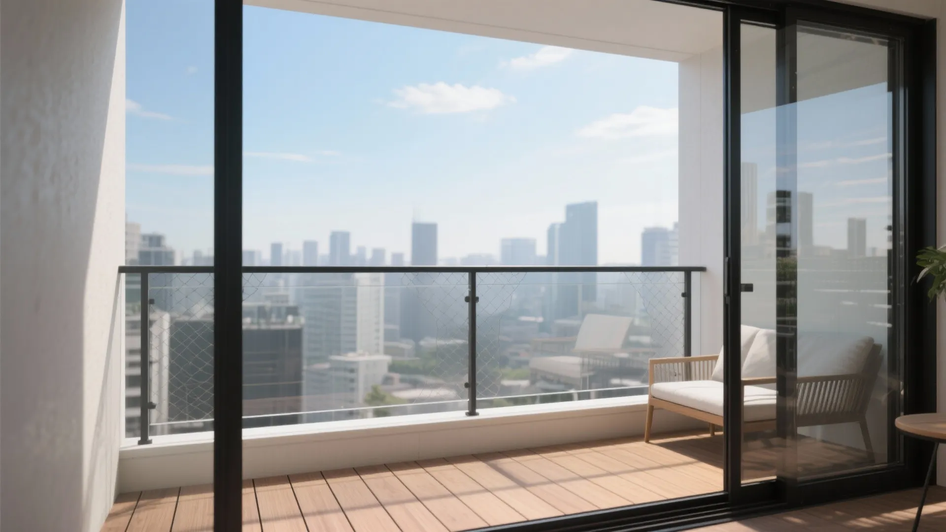 Micro balcony with a tempered glass balustrade and subtle safety net, open skyline view.