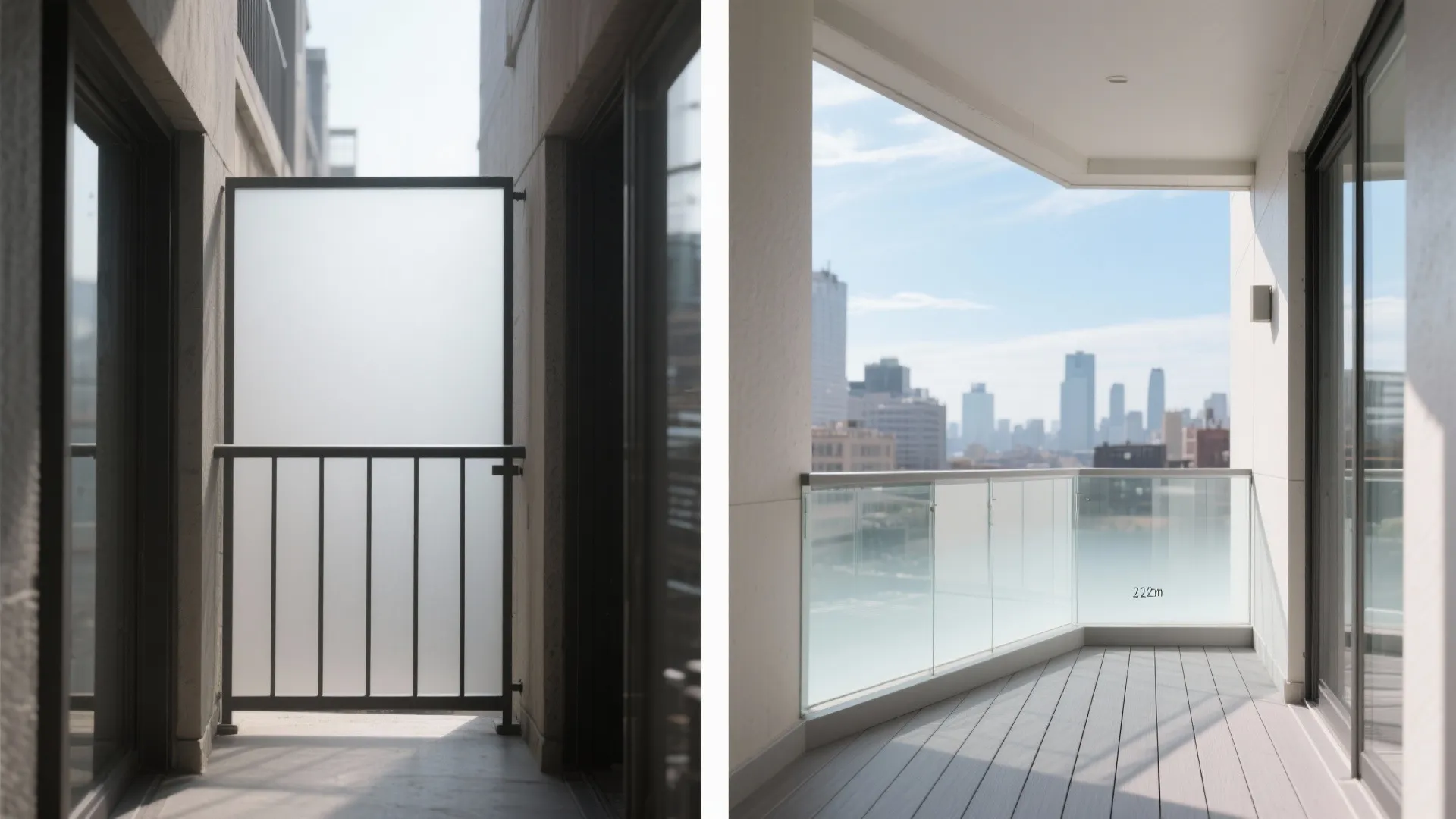 Modern balcony featuring glass railing with frosted privacy panels and grey wooden floor boards city view