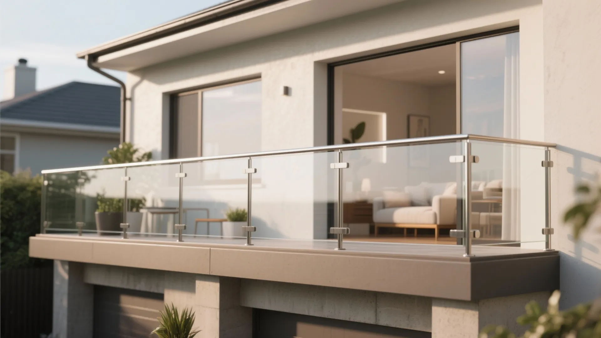 Modern house balcony featuring a clear glass railing with metal posts and a comfortable sofa