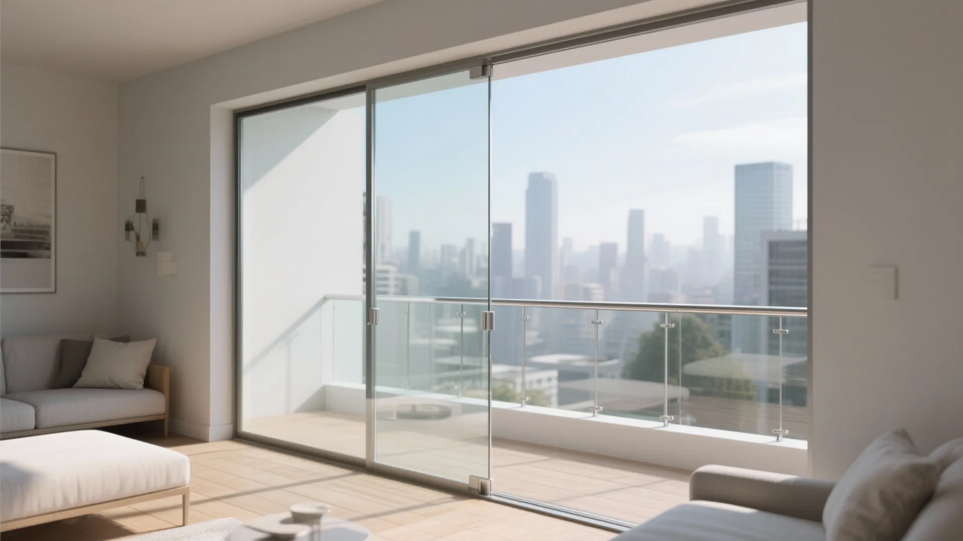Modern living room with large sliding glass doors leading to a balcony overlooking city buildings