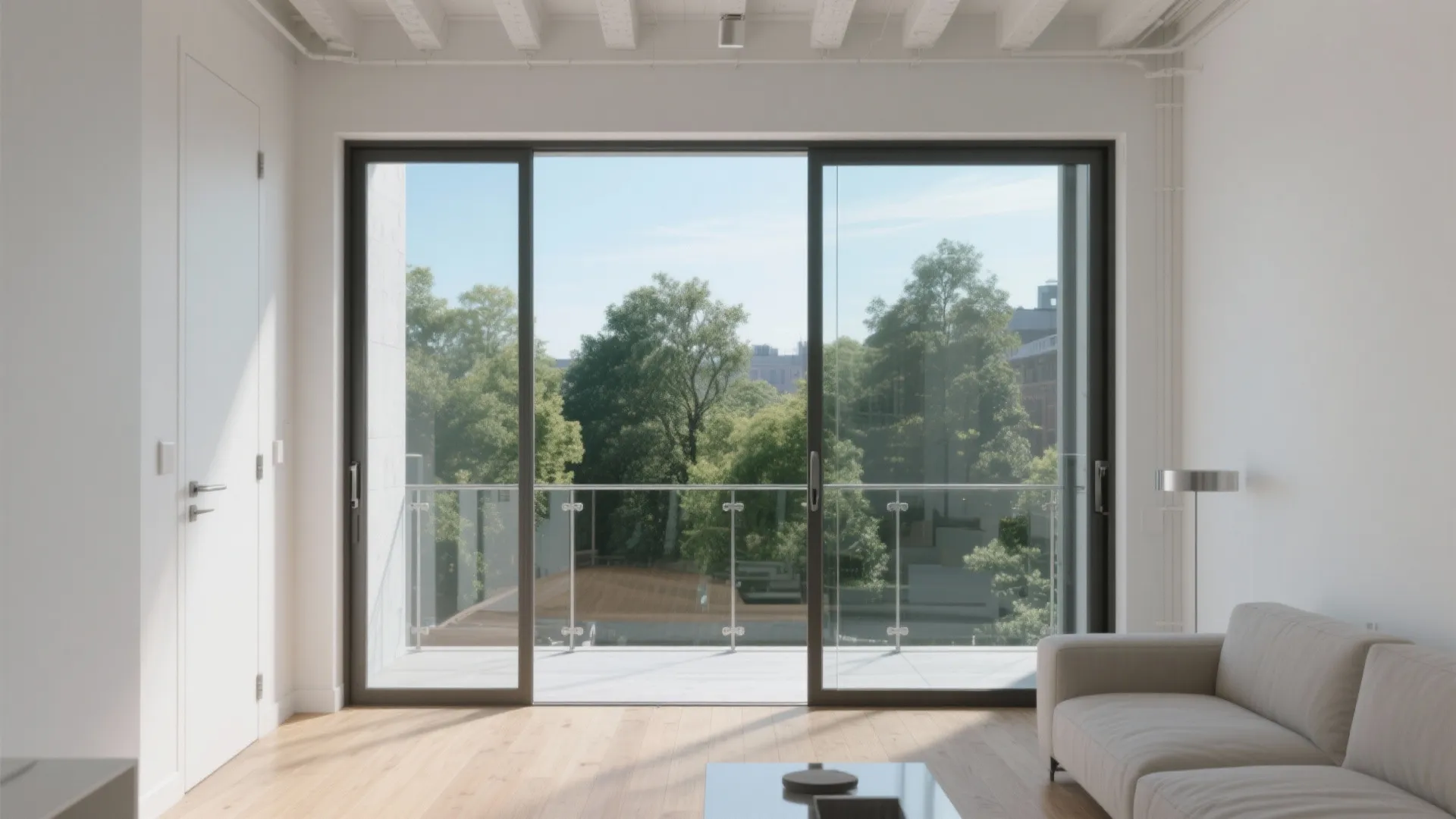 Modern living room with glass balcony doors showing green trees outside and a white sofa