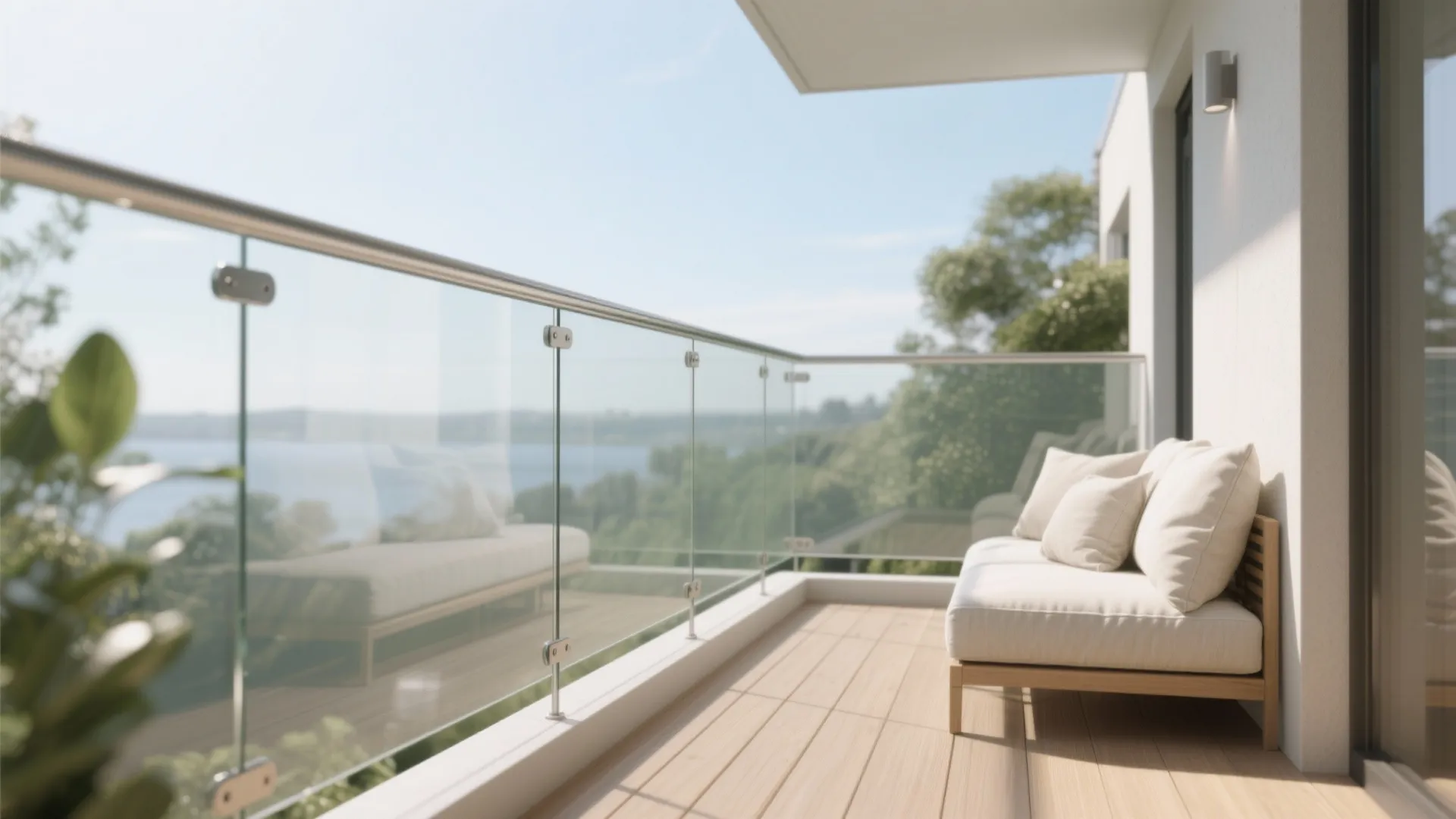 Outdoor balcony with low-iron glass balustrade, frosted band, and pale decking that brightens the small space.