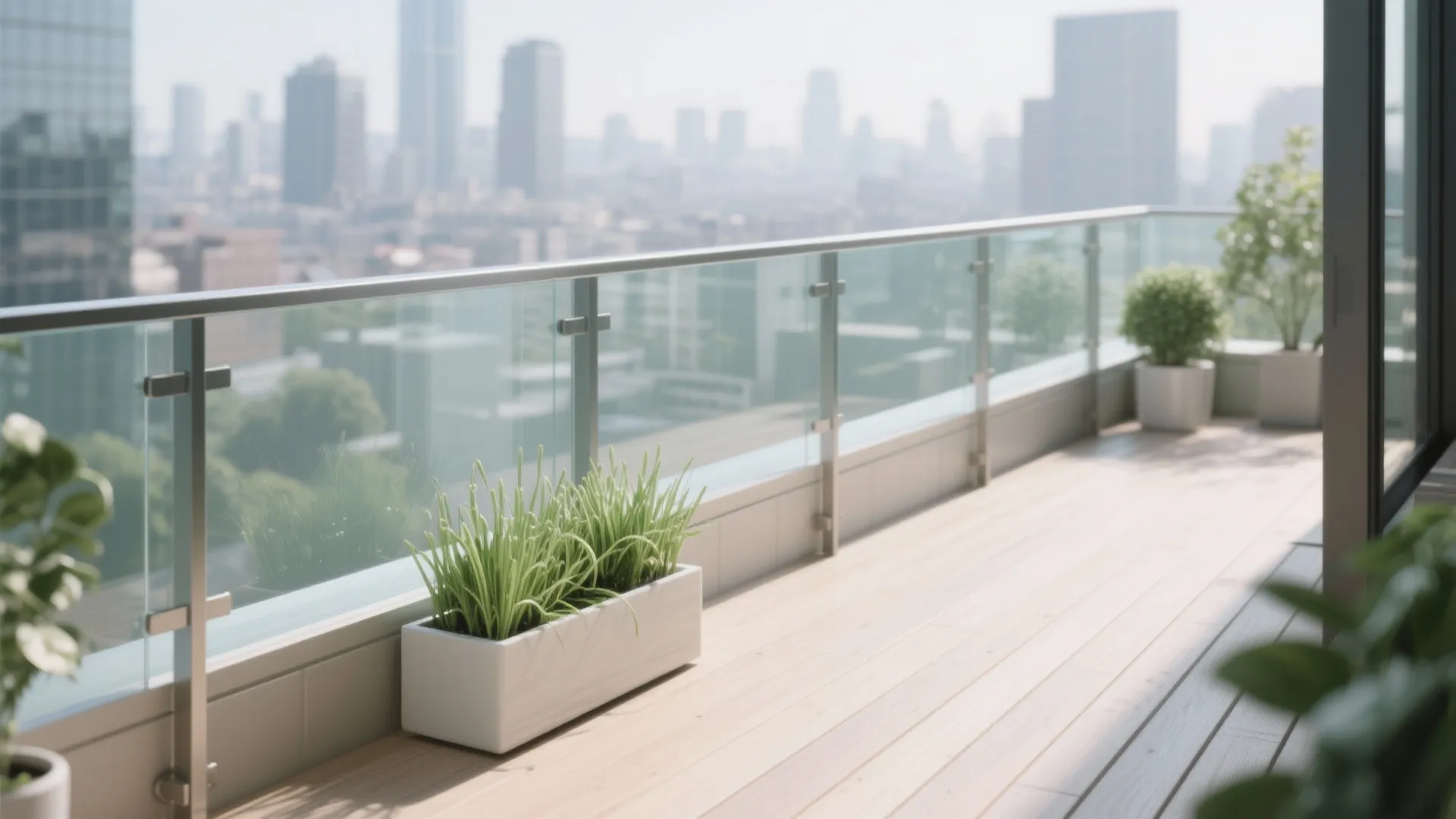 A tempered glass balustrade with a frosted band opens views and brightens a small balcony with light tones.