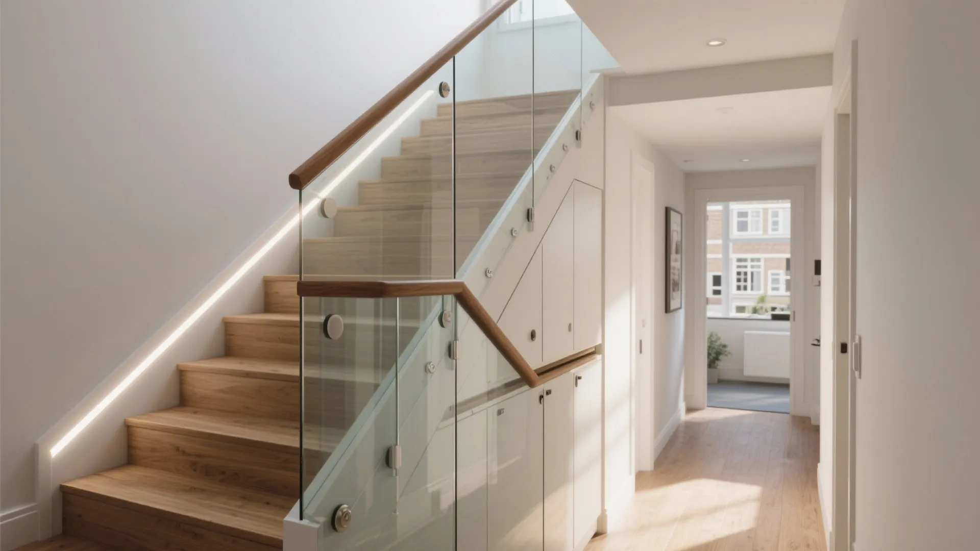 Modern wooden stairs with glass railing and wooden handrail in a bright white hallway interior