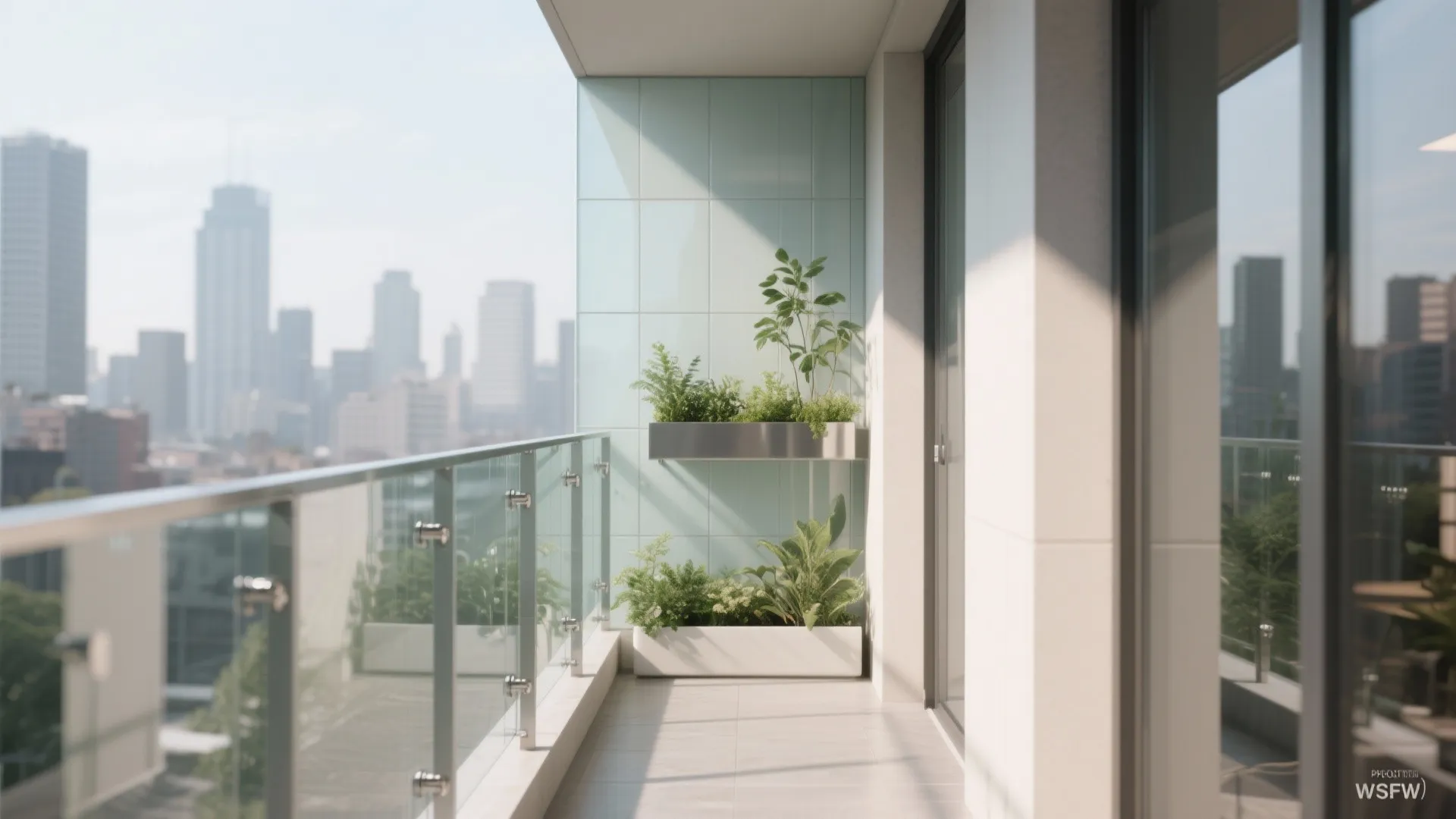 Modern balcony with glass railing, light blue tiles, wall mounted planters, plants, and city view