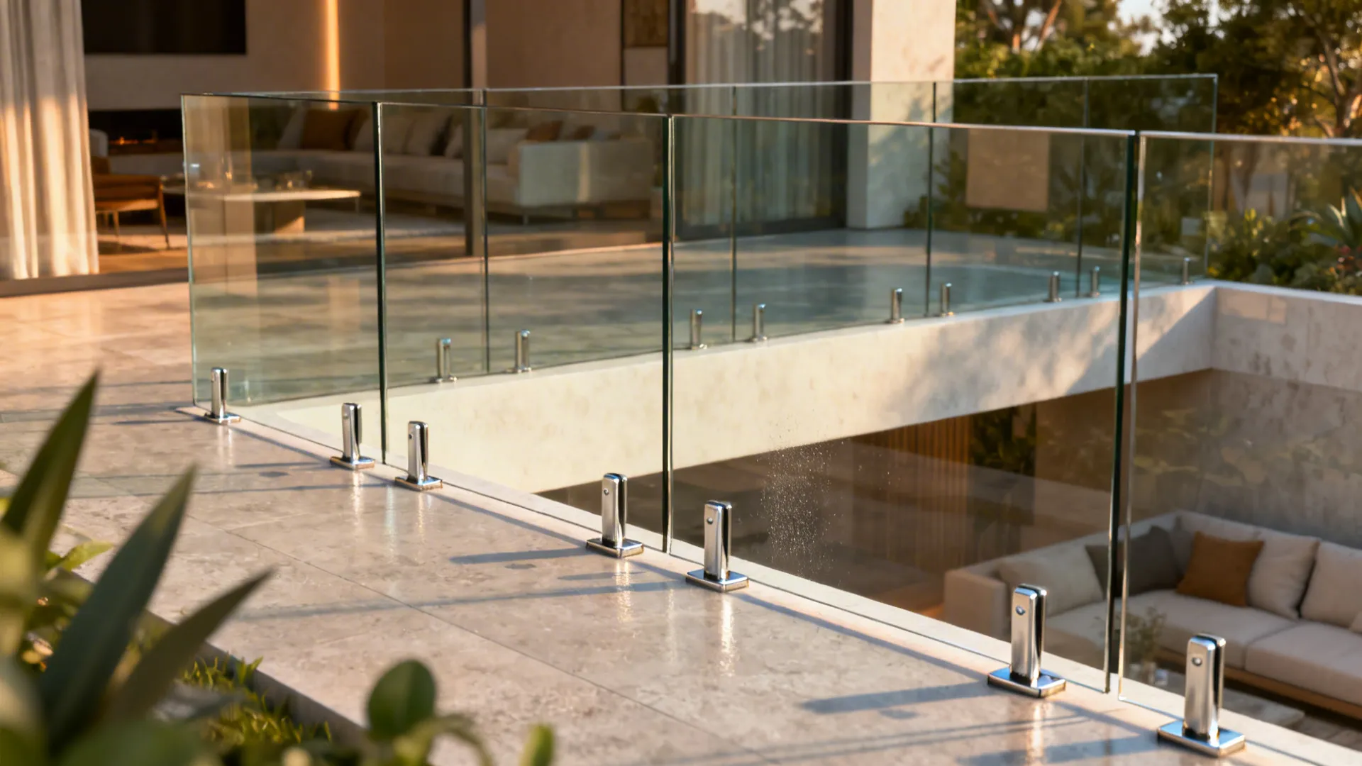 Low-profile frameless glass balustrade at the edge of a sunken living room for safety