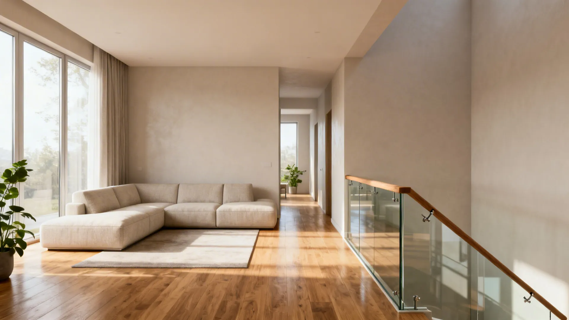 Living room staircase with low-iron glass balustrade and slim timber handrail admitting daylight
