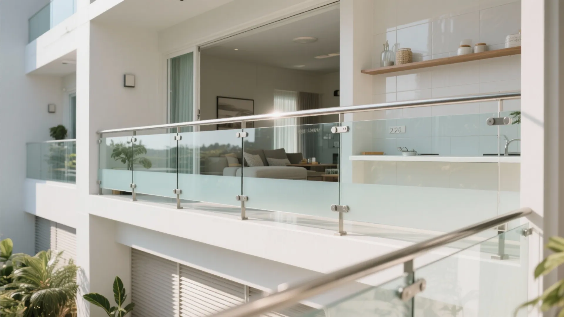 Glass balustrade and backsplash for breezy transparency