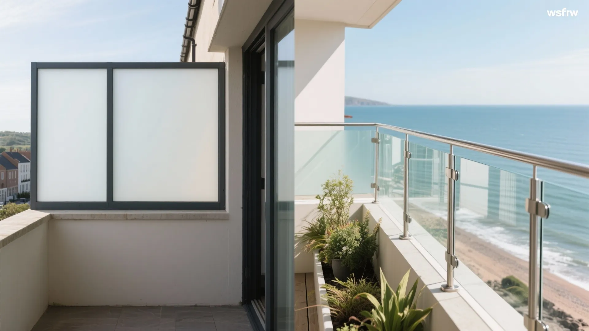 Before–after of UK balcony swapping opaque panels for clear glass balustrades and windbreak.