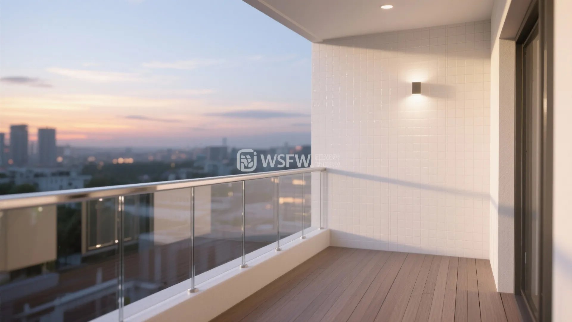 Outdoor balcony featuring glass railing wooden flooring white tiled wall and sunset city skyline view