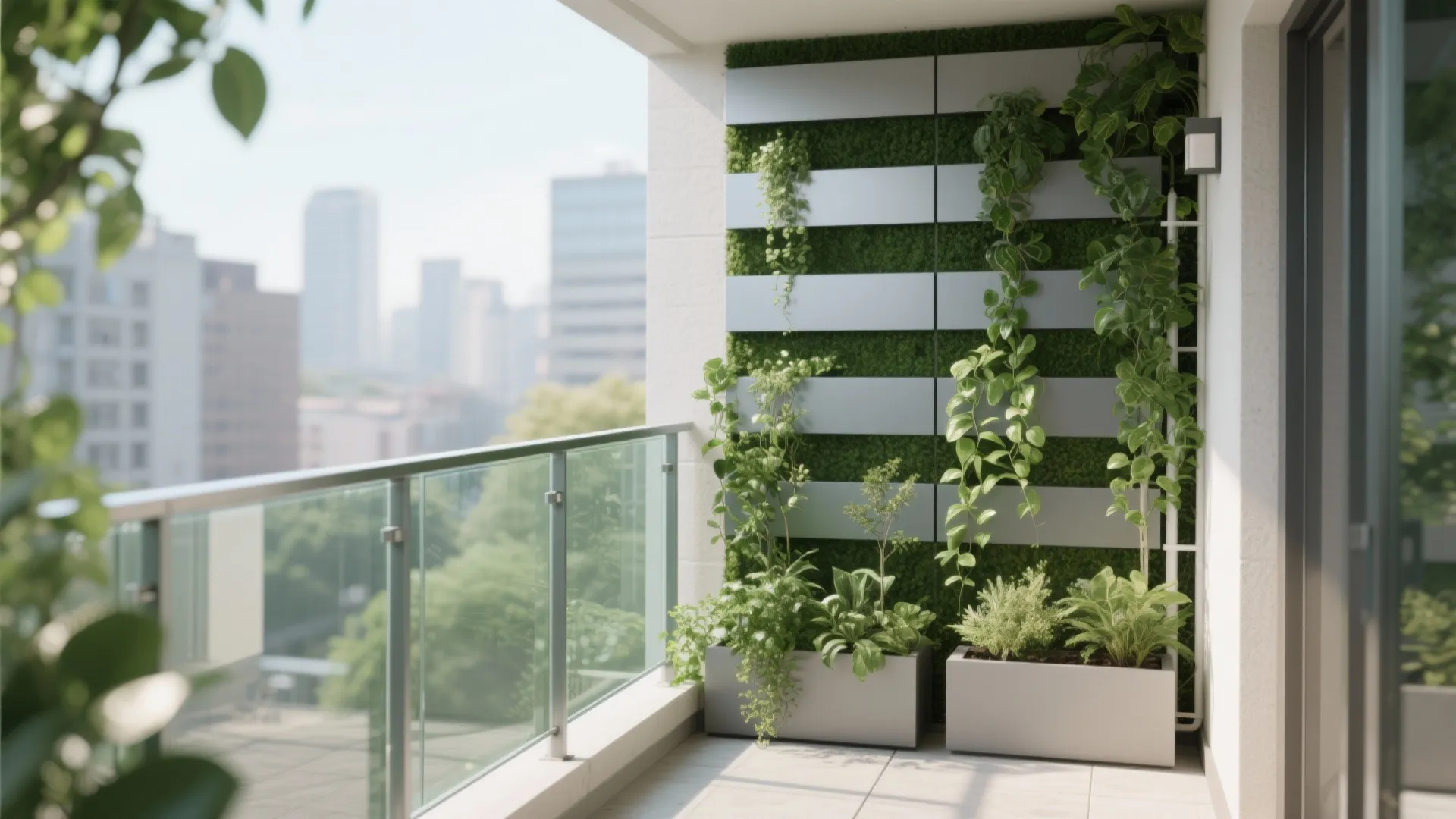 2) Glass balustrade plus vertical green wall for light and privacy
