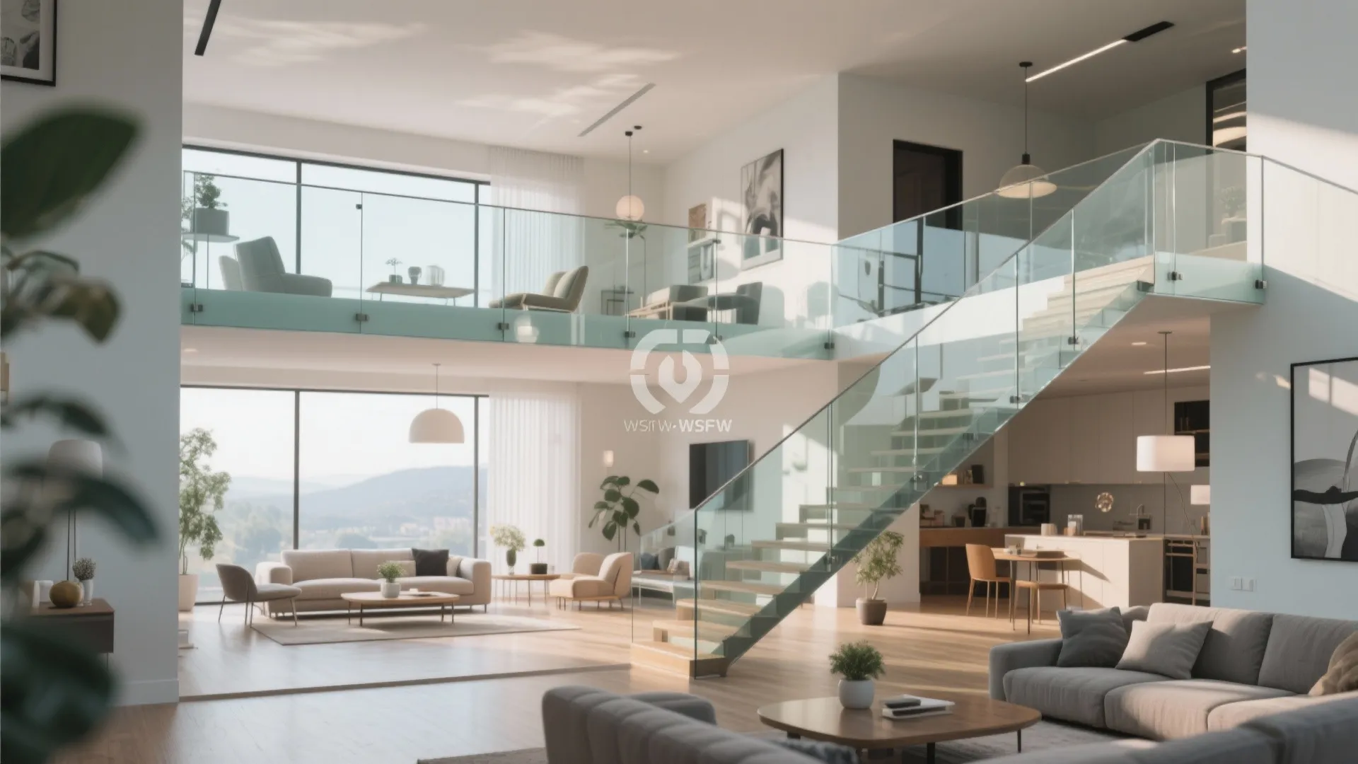 Modern open house interior with glass stairs leading to a second floor balcony and kitchen