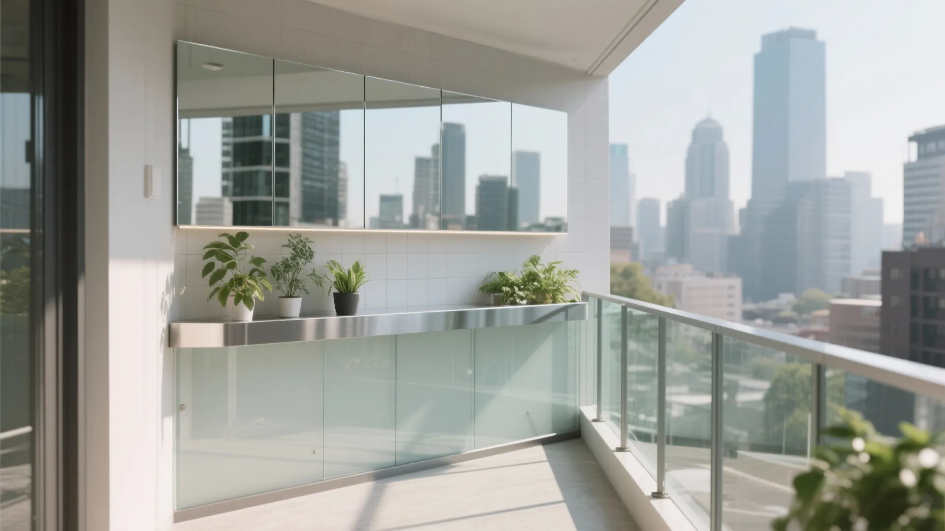 Glass balustrade and reflective backsplash for openness