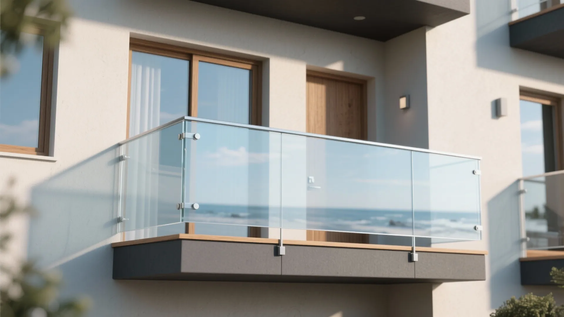 Modern balcony with clear glass railing metal handrail wooden floor and beautiful blue ocean view