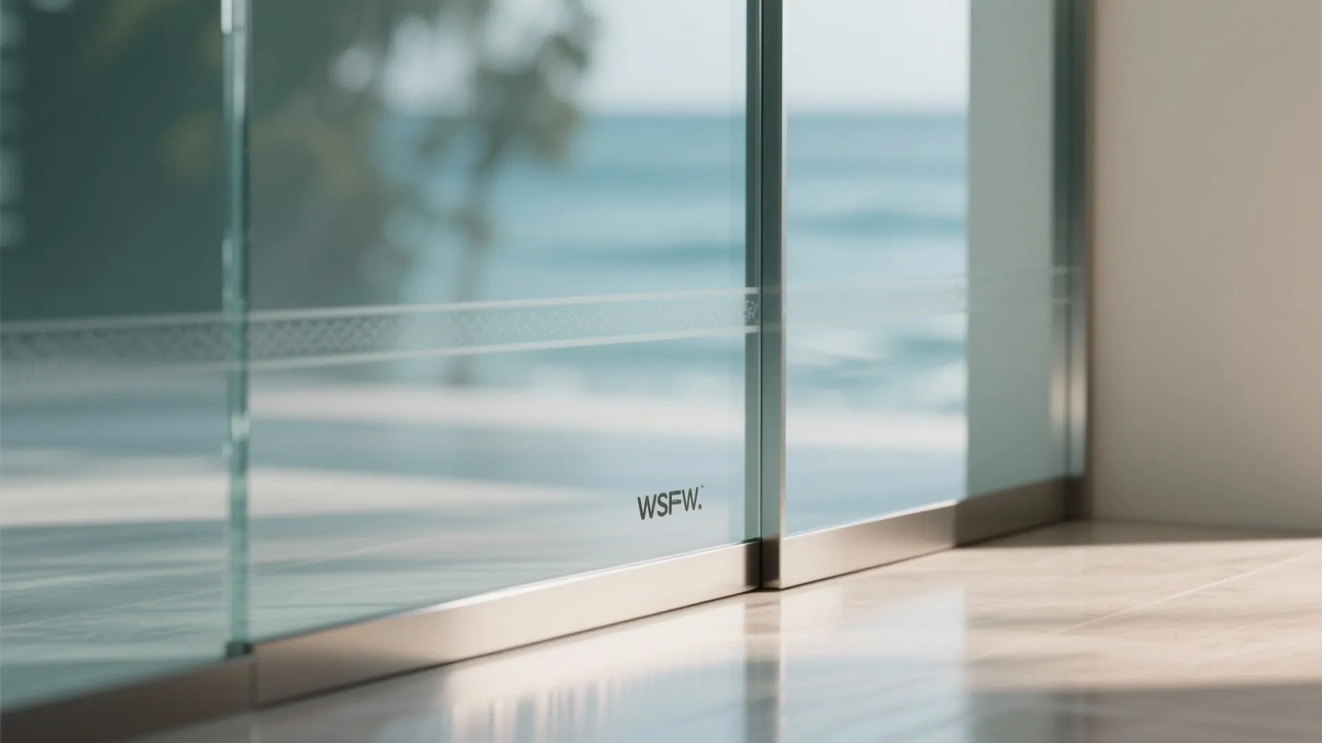 Sliding glass door with a decorative pattern strip and a blurry view of the ocean