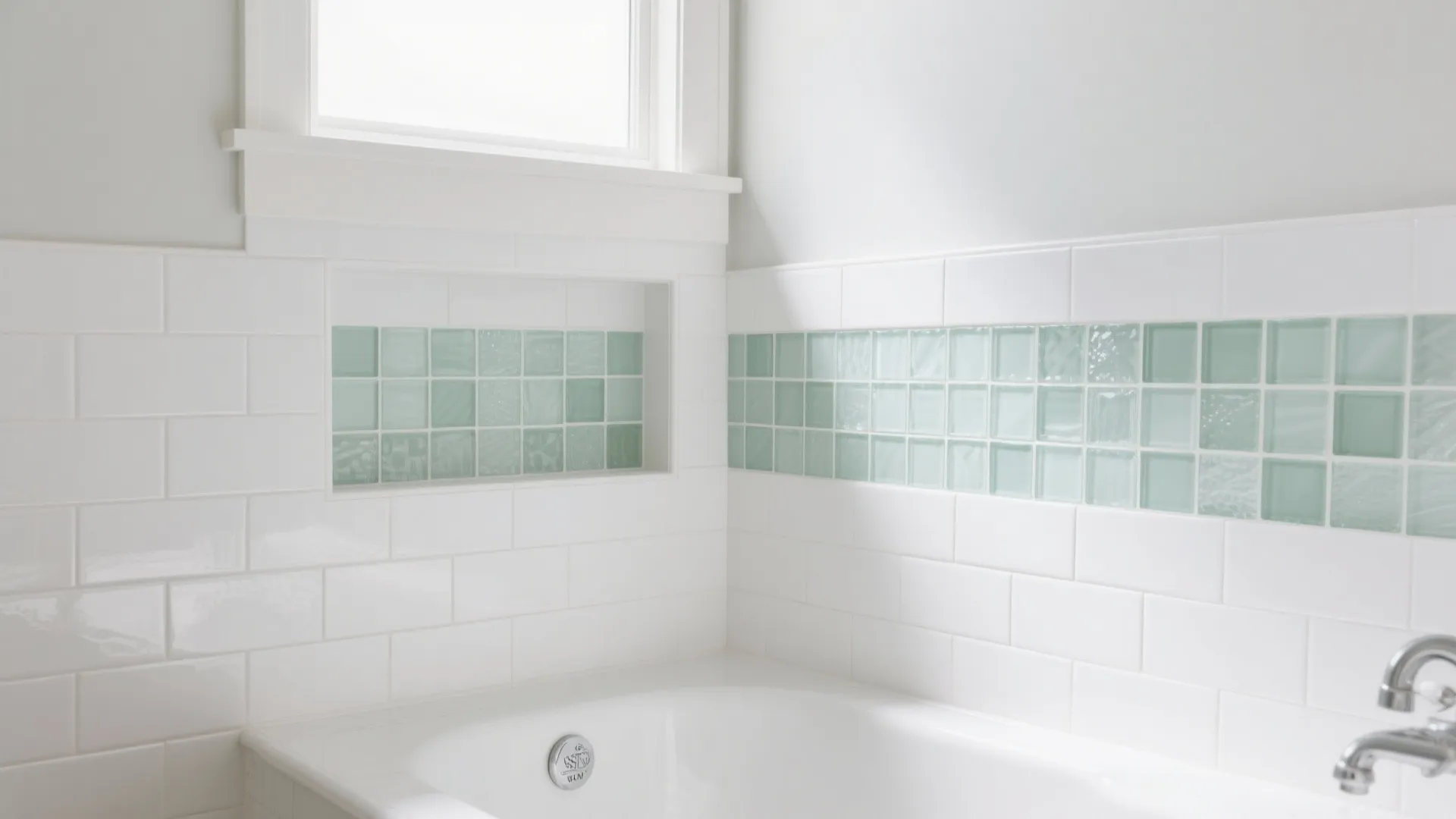 White bathroom wall with rectangular tiles and decorative light green glass square tile mosaic band