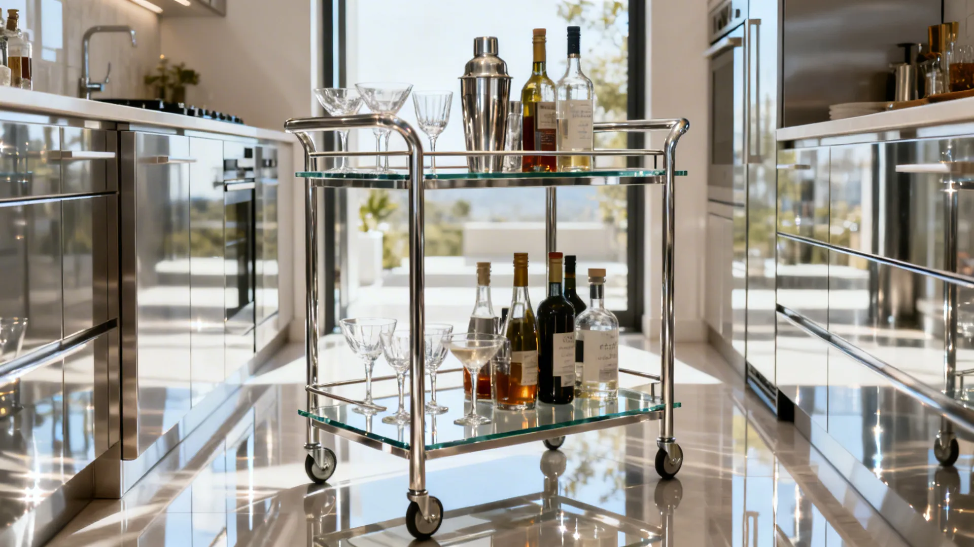 Modern glass bar cart with metal frame holding wine bottles and glasses in bright kitchen area