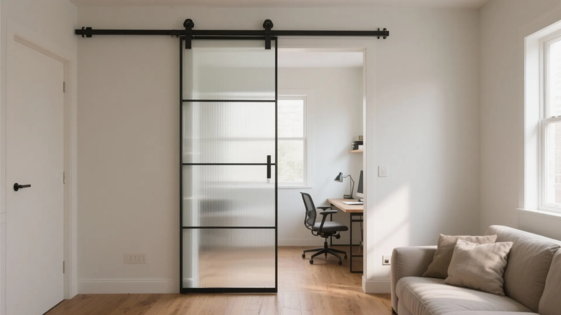 Living area with a tempered glass barn door sharing daylight into a small study.