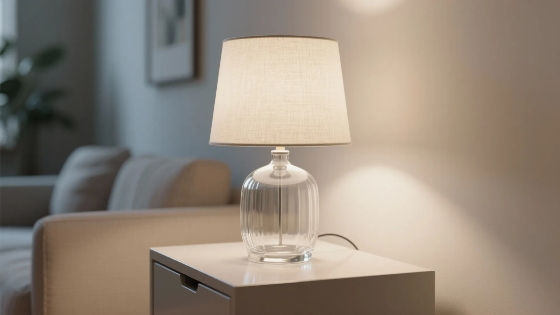 Close up of a glass table lamp with a beige shade on a white cabinet