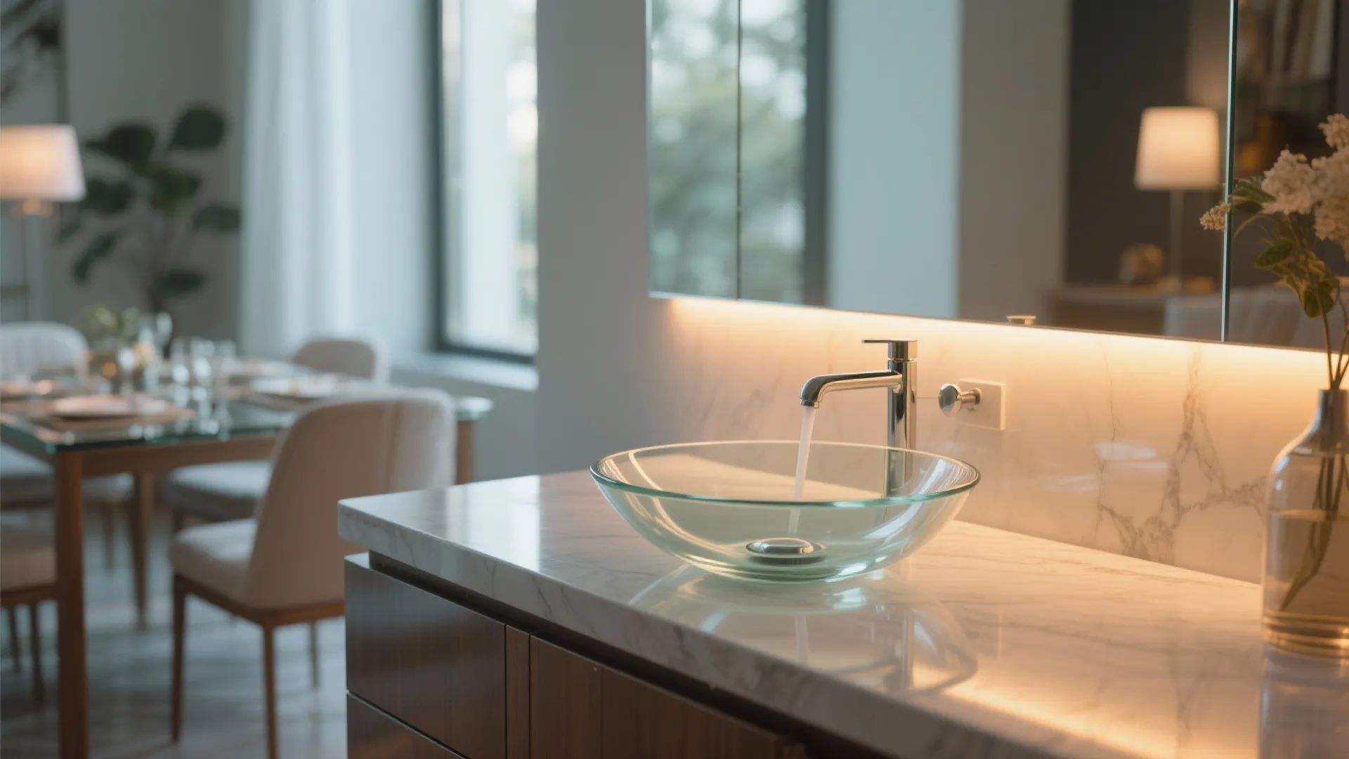 Clear glass bowl sink on marble counter with backlit mirror in a luxury modern home