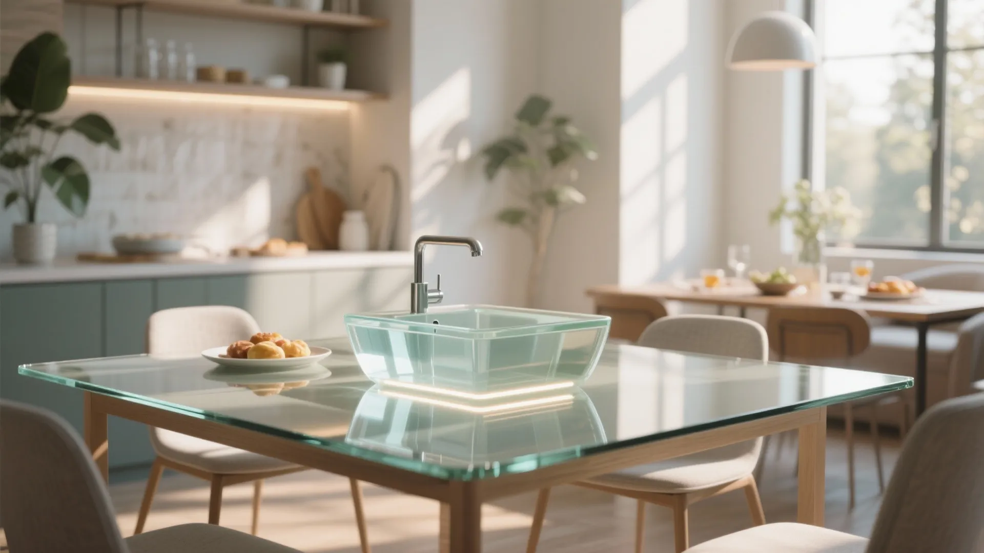 Clear glass sink with light underneath placed on a glass dining table in bright kitchen