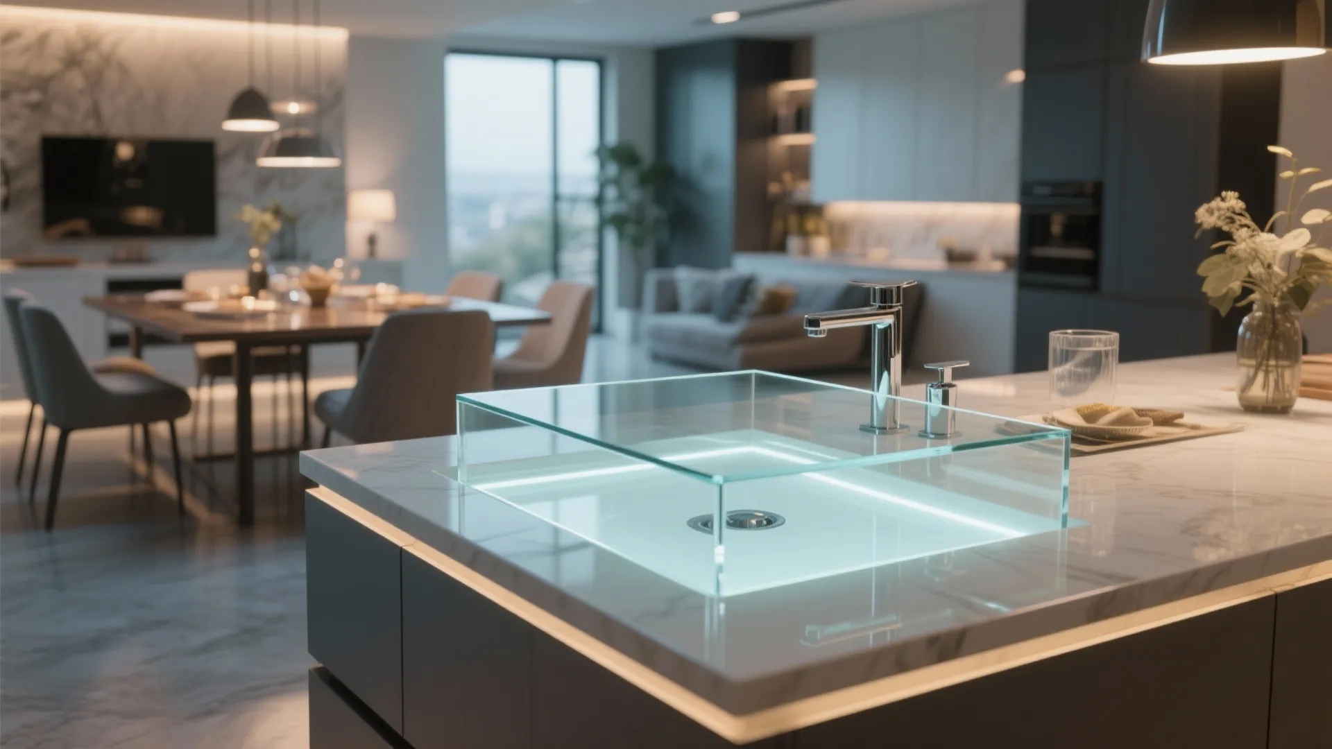 Modern kitchen island with glass wash basin featuring built in light and marble counter top