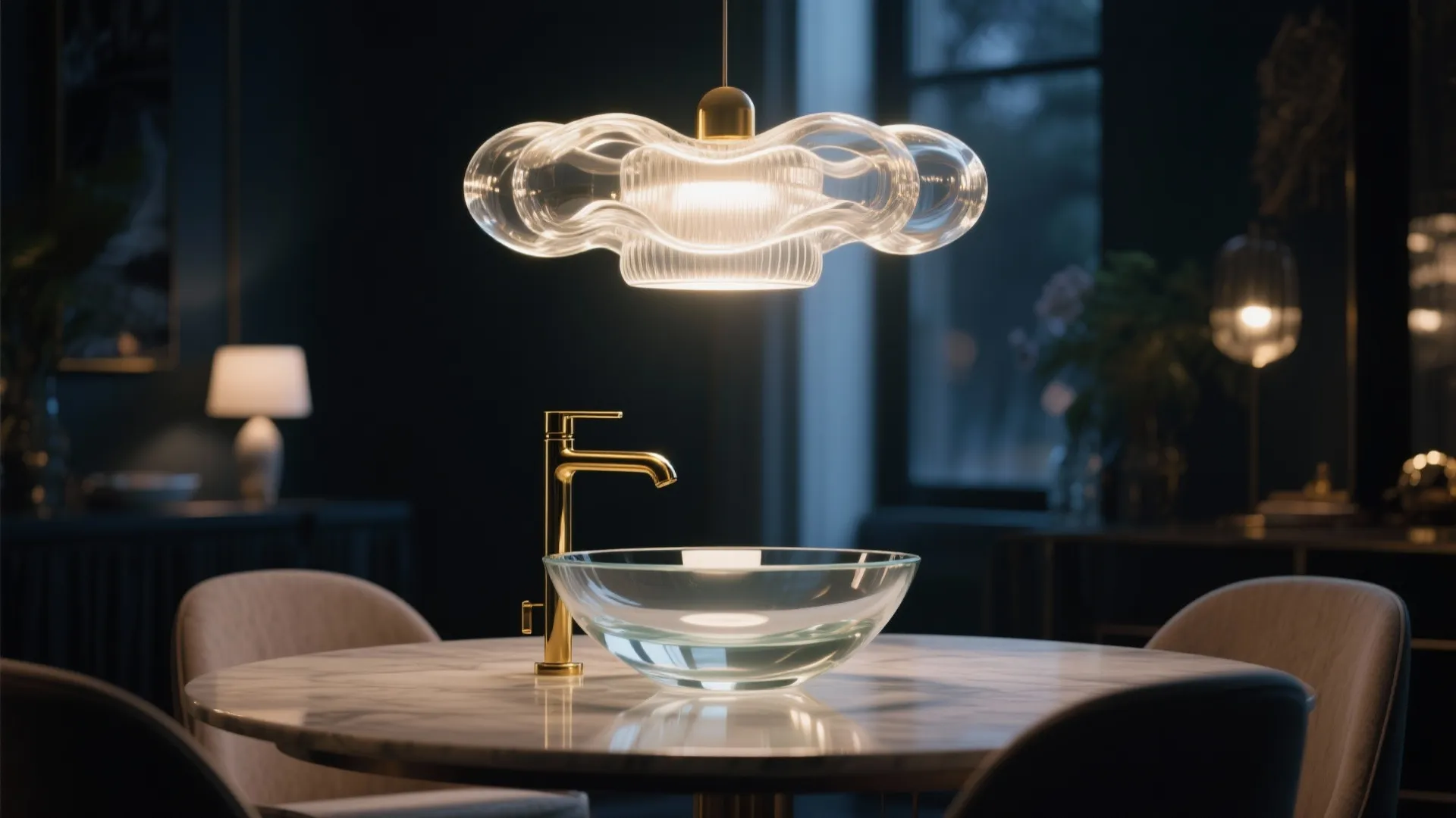 Modern glass washbasin on marble table with gold faucet and wavy glass ceiling light above