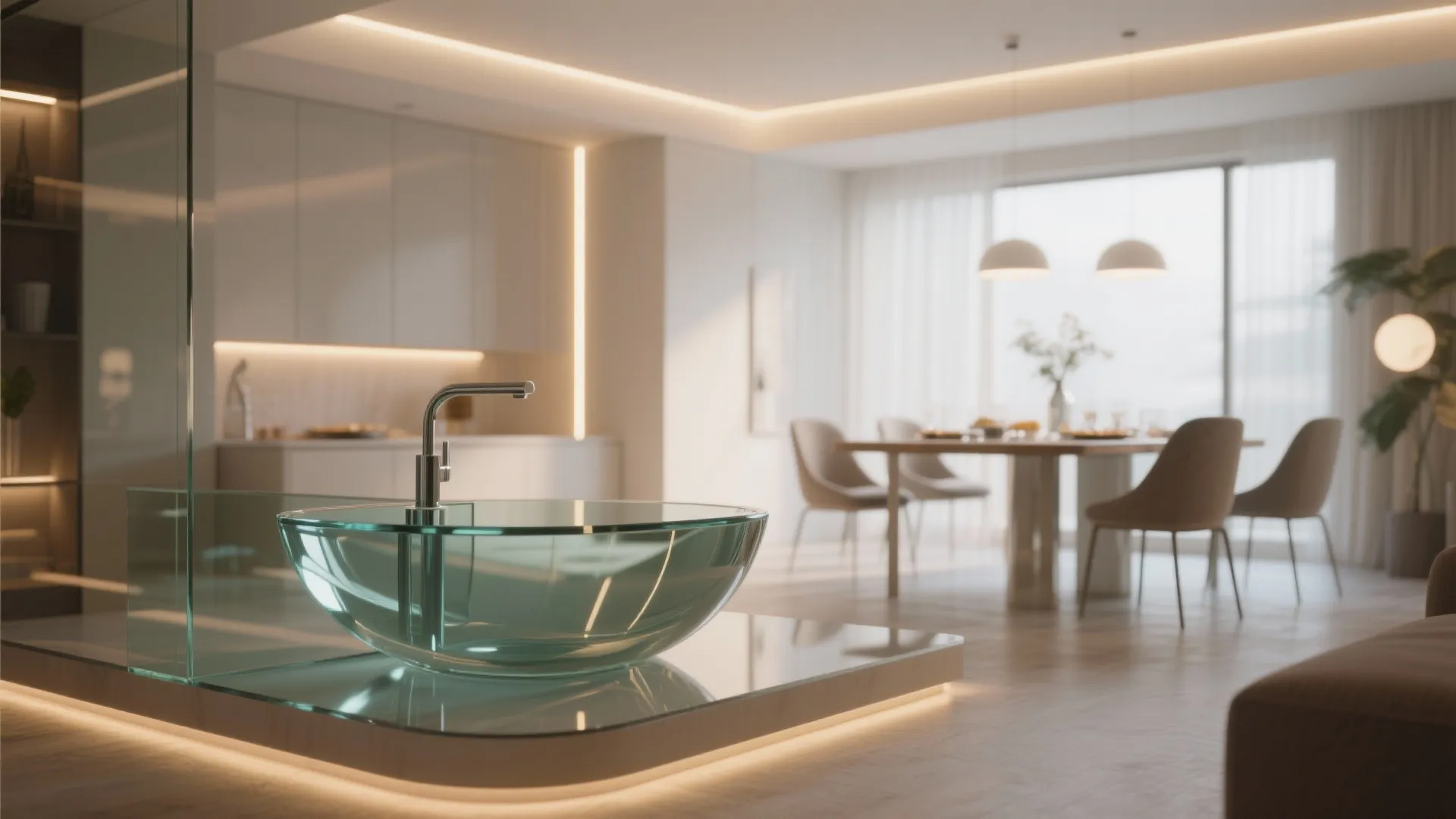 Modern bathroom interior with glass sink on counter and warm light plus dining area background