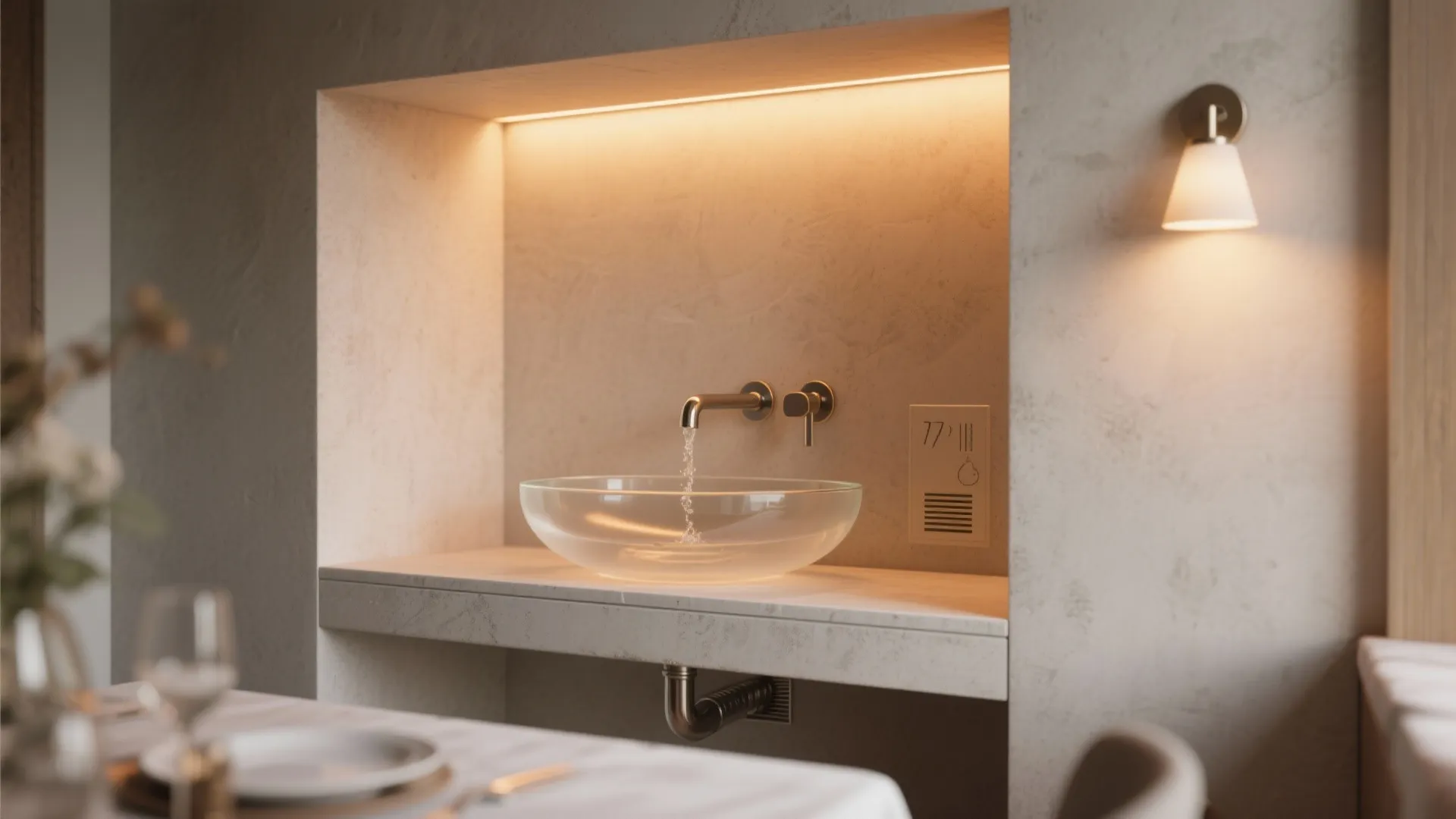 Softly backlit glass basin niche