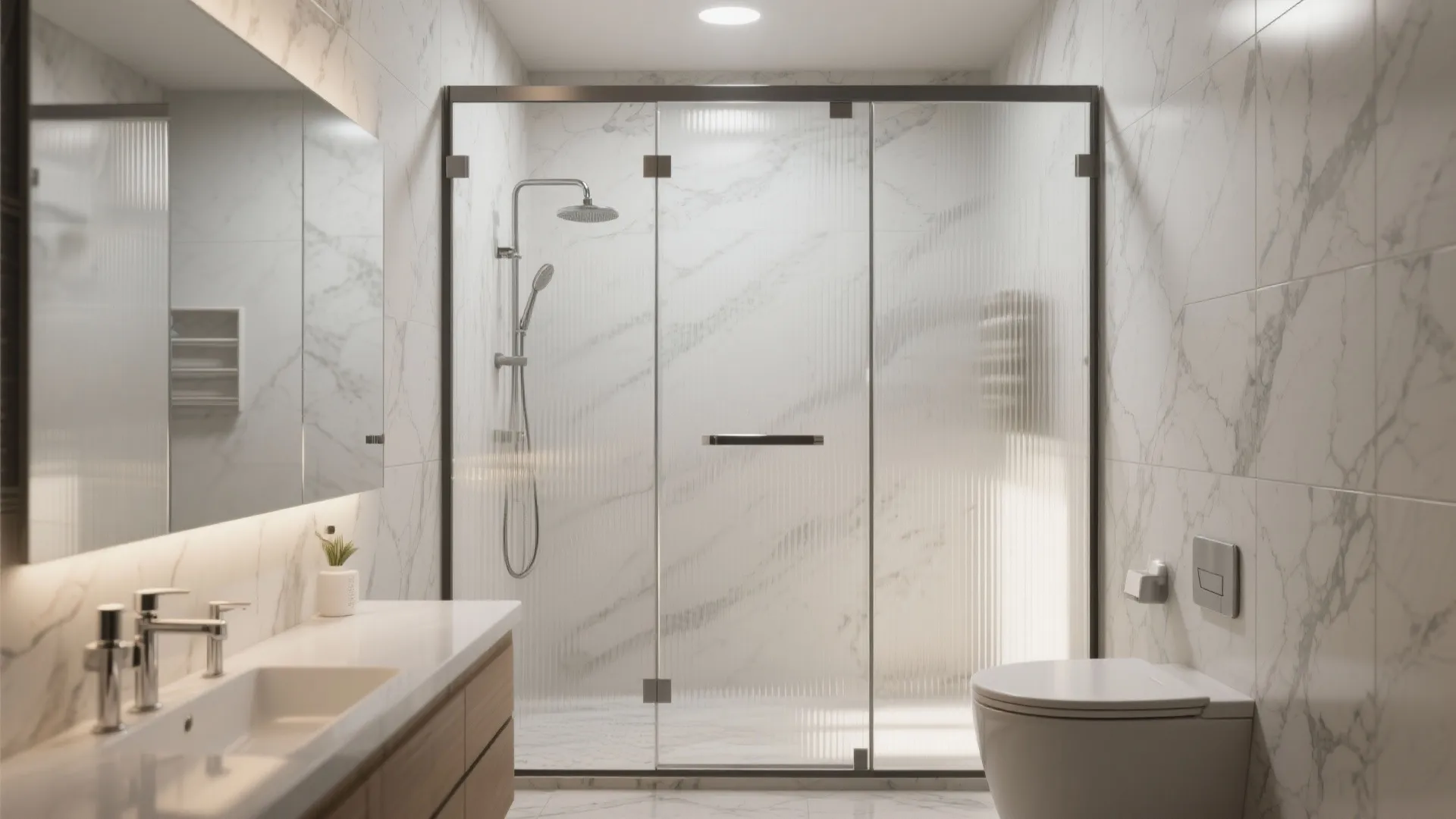 Clean bathroom interior featuring a frosted glass shower door and white marble walls with wooden vanity