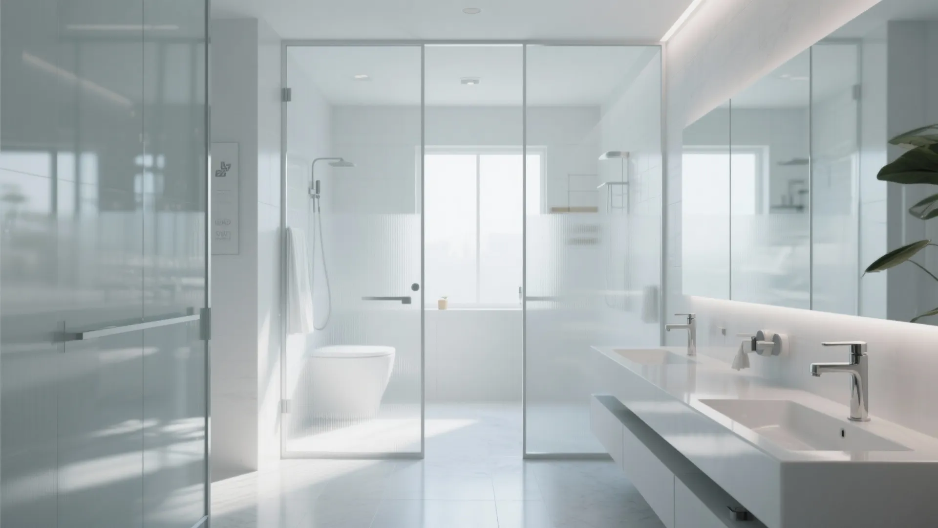 Bright white bathroom featuring glass shower wall long vanity with double sinks and large window