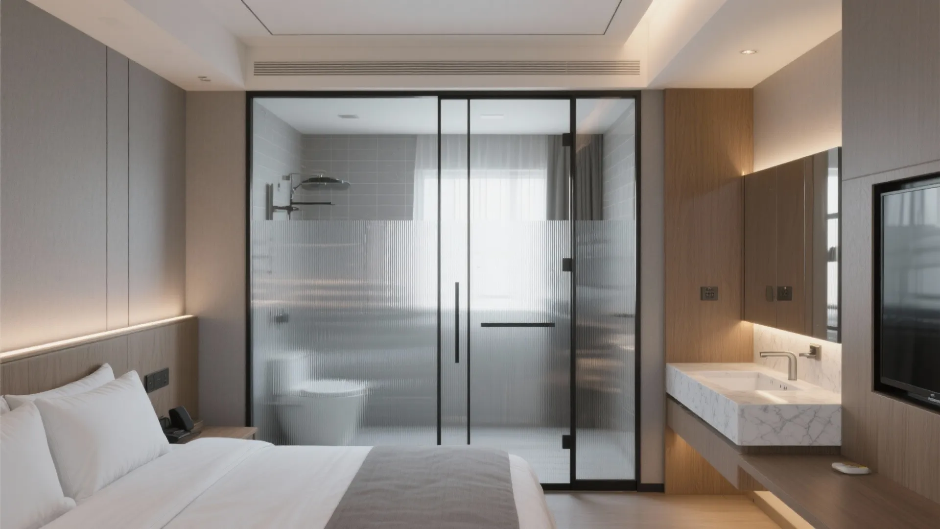 Small hotel room with fluted glass-partition bathroom and privacy band borrowing daylight.