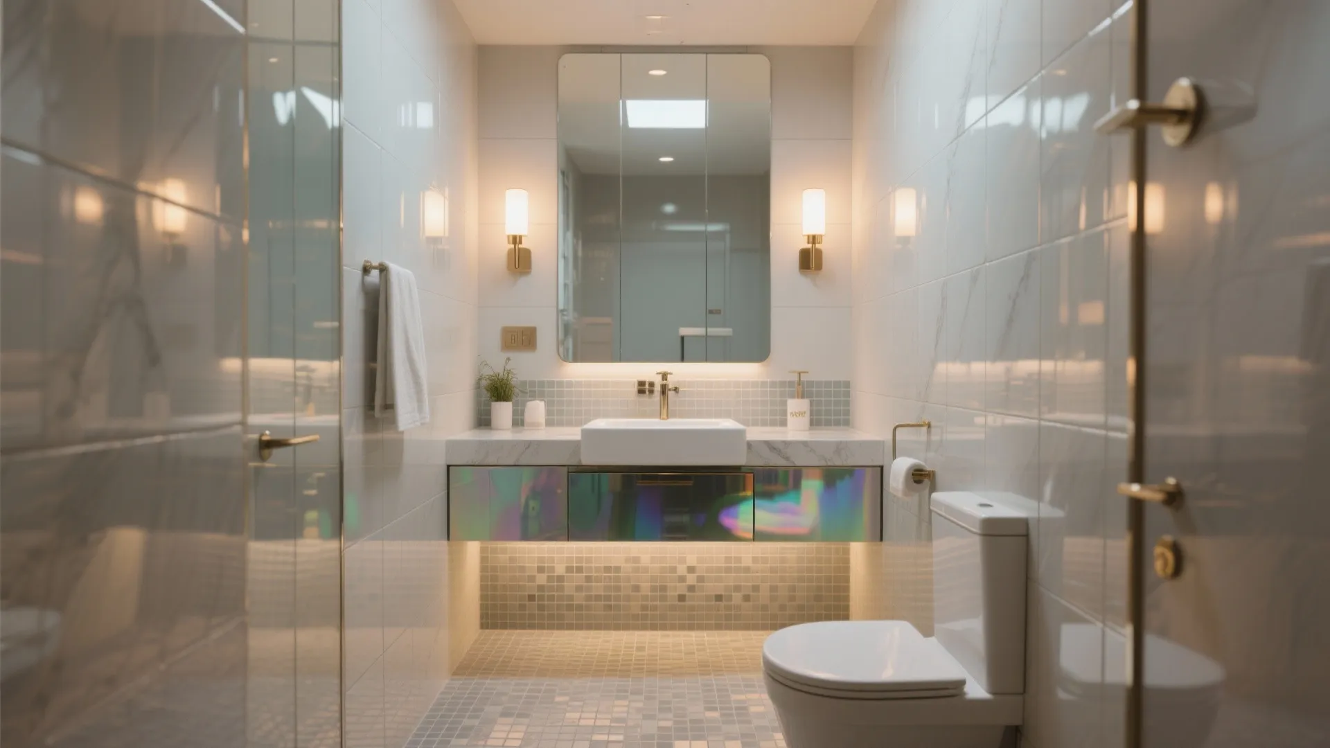 Compact bathroom showing glossy glass walls, matte floor, warm lighting, and an iridescent niche for balance.