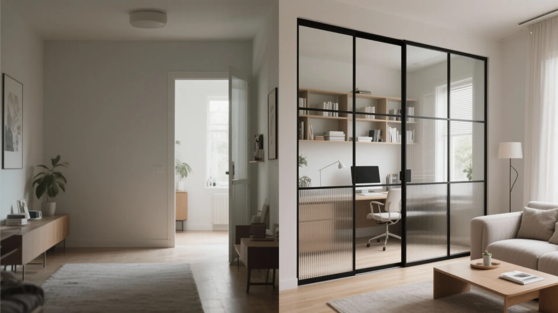 Glass partition for borrowed light and calm