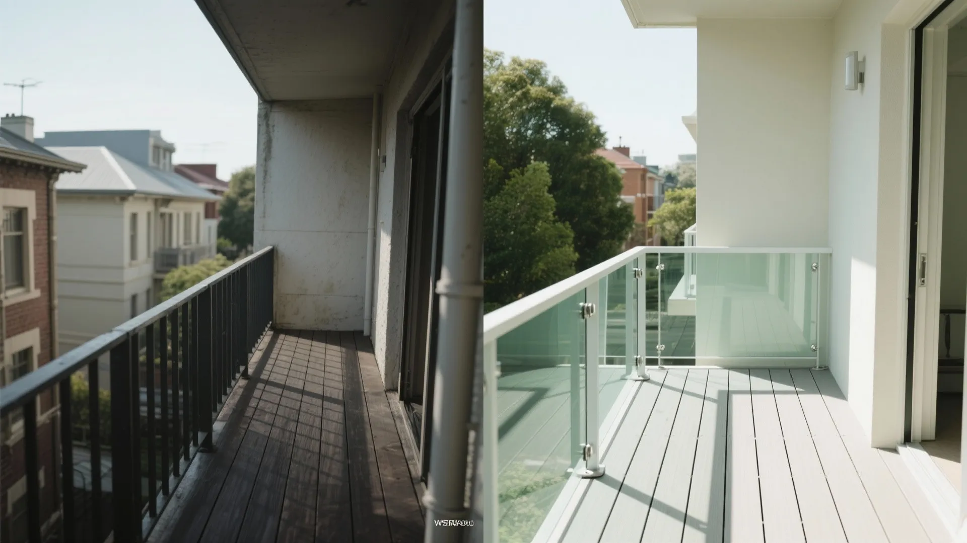 Before and after comparison showing old dark wooden balcony vs bright new white glass railing