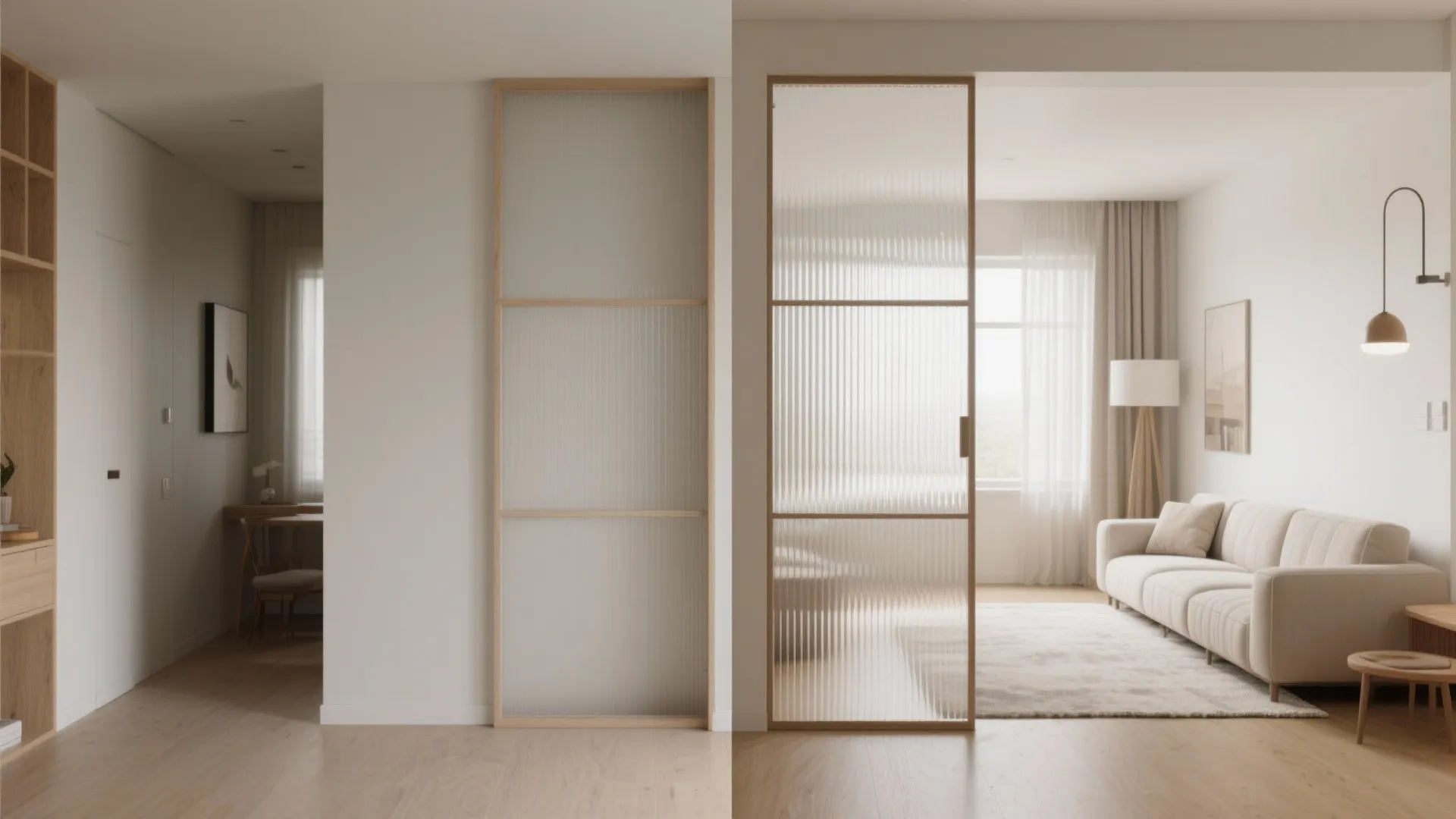 Before and after comparison showing a solid wall replaced by a glass sliding door divider