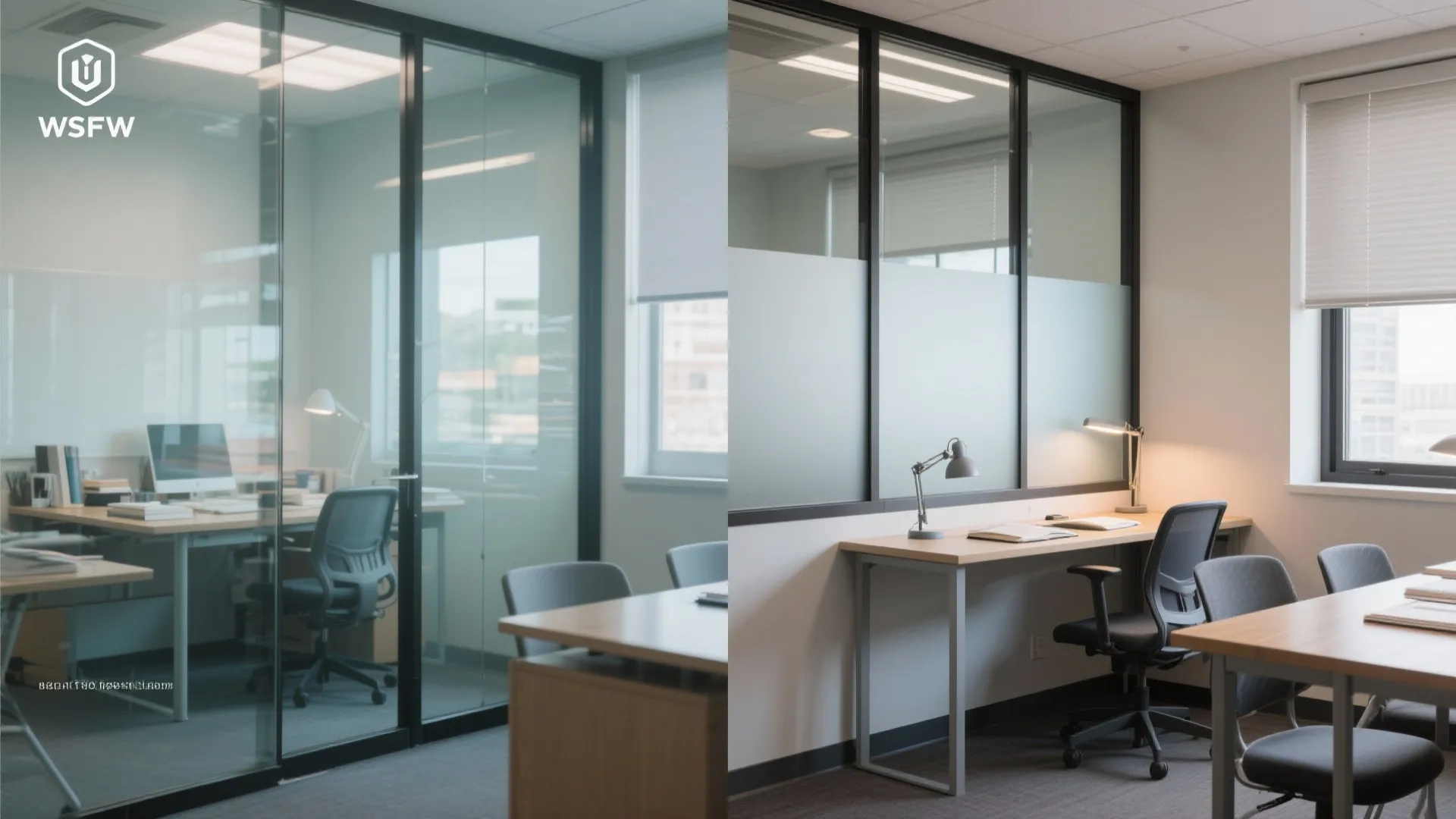 Before and after comparison of clear office glass walls versus walls with added privacy film