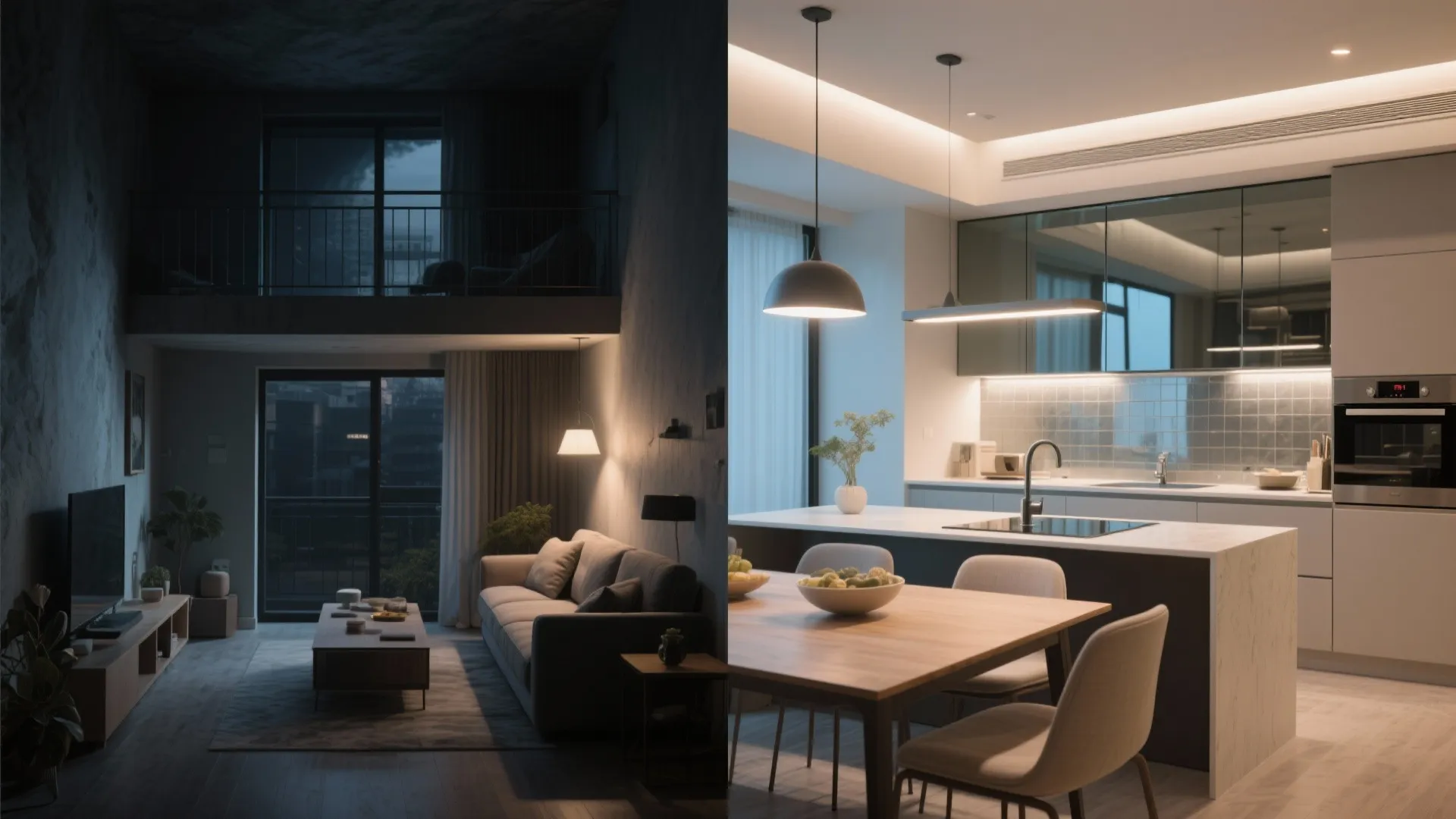 Before and after comparison showing a dark living room and a bright modern kitchen area