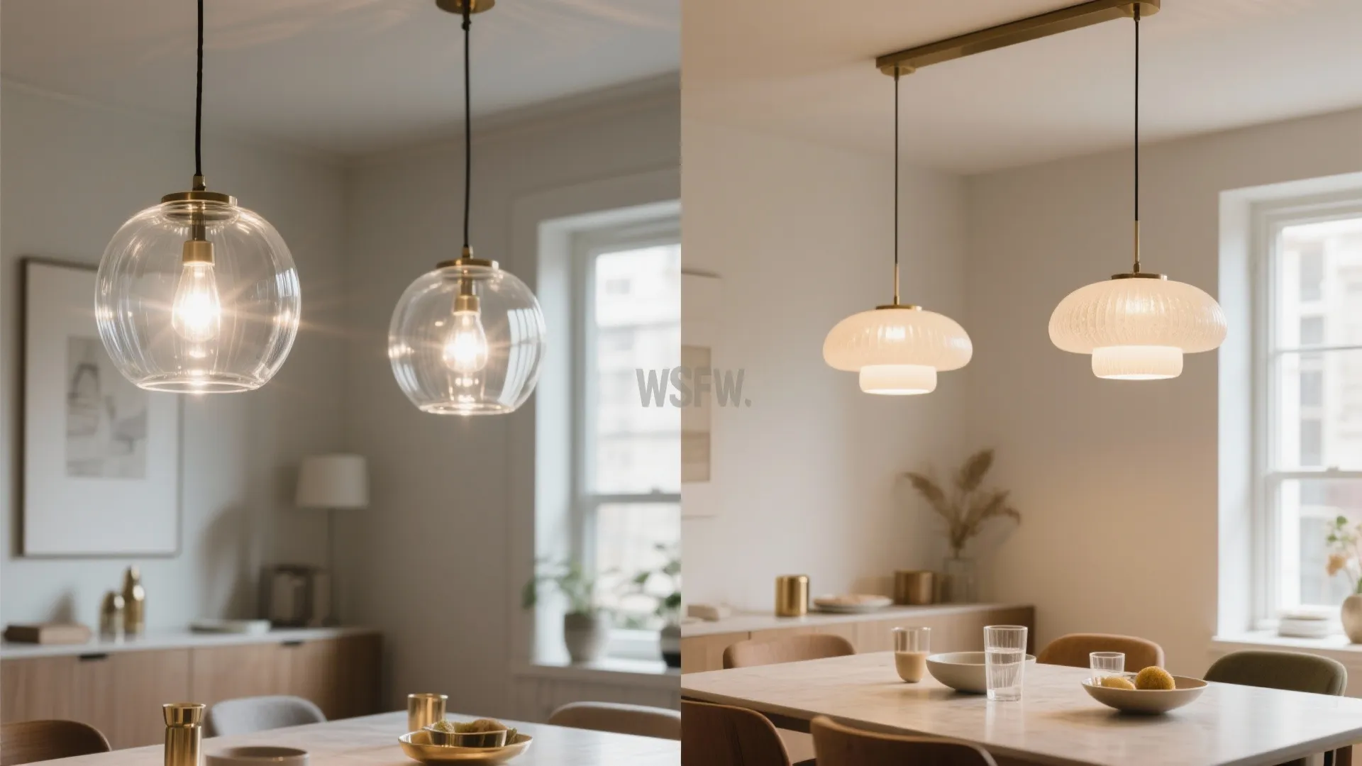 Before and after comparison of clear glass ceiling light versus white glass light fixture design