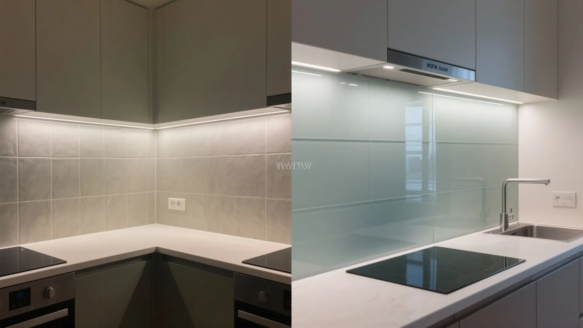 Before-and-after comparison of a kitchen corner with tile backsplash versus modern smooth glass backsplash design