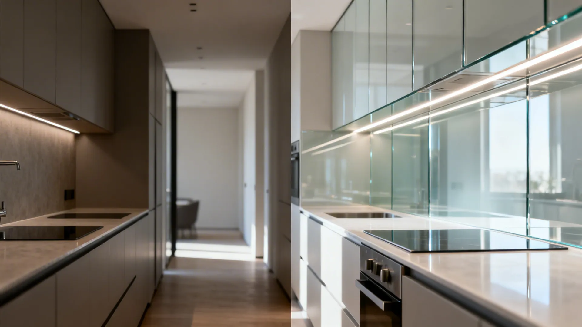 Before-and-after showing a galley kitchen brighter with a low-iron glass backsplash and LED strip.