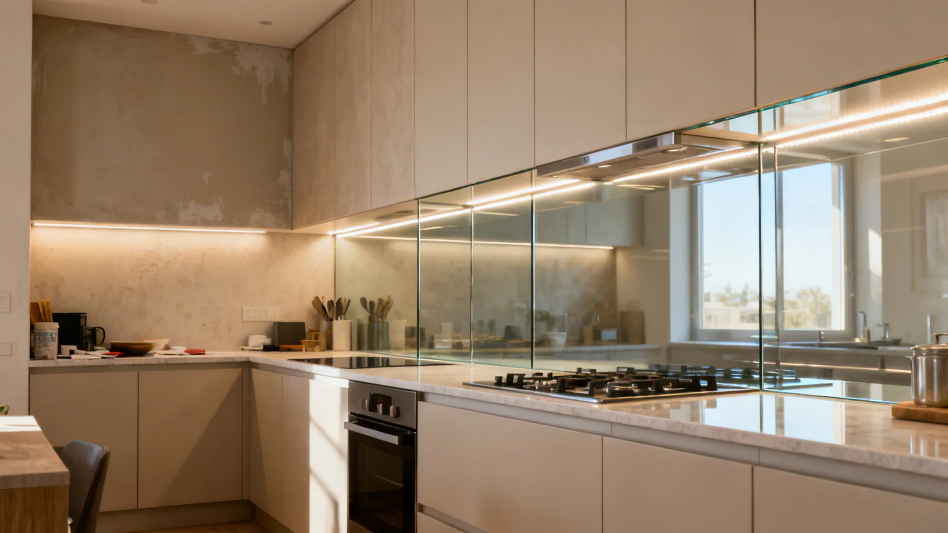 Modern kitchen with beige cabinets marble countertop gas stove oven and mirror wall with strip light