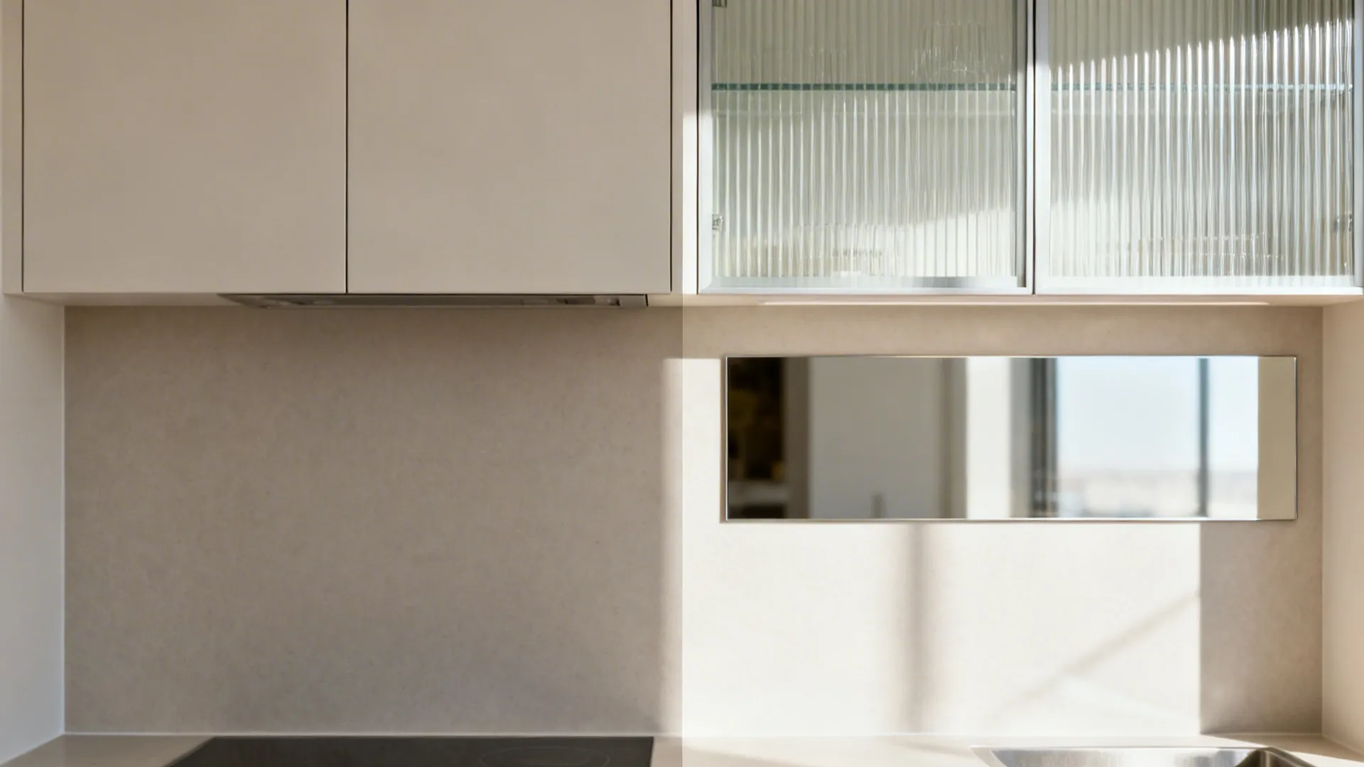 Comparison of plain kitchen cabinets versus glass door wall cabinets with a small rectangular wall mirror