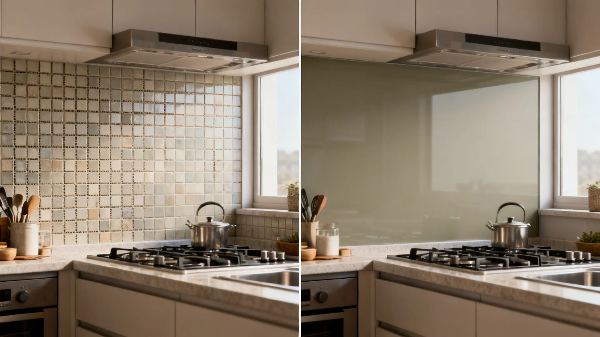 Before and after comparison of a kitchen backsplash showing small tiles versus smooth green glass
